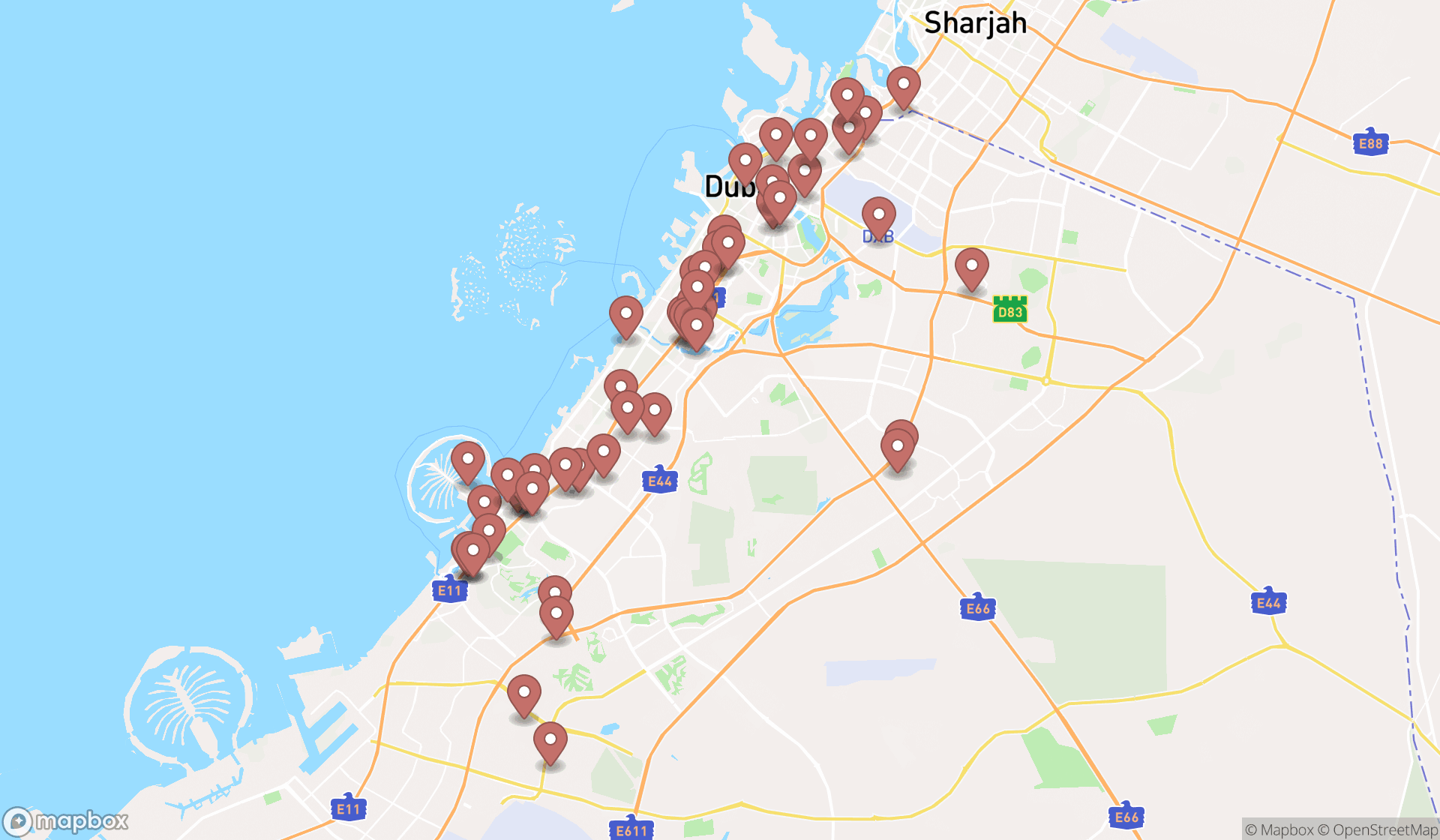 Map showing the search results in Dubai