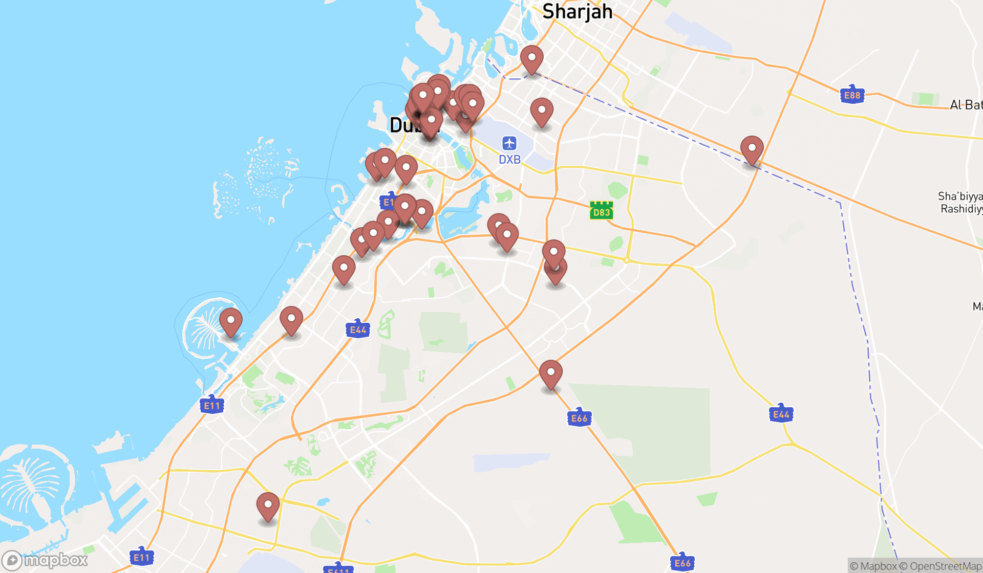 Map showing the search results in Dubai