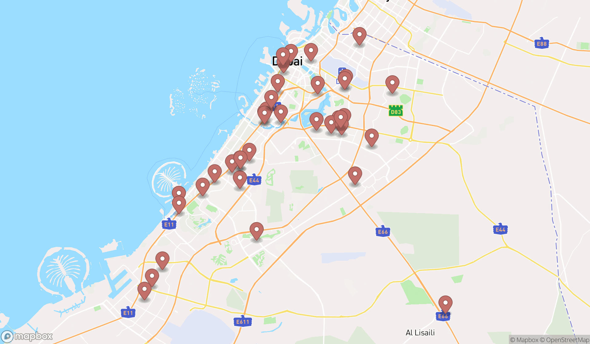 Map showing the search results in Dubai