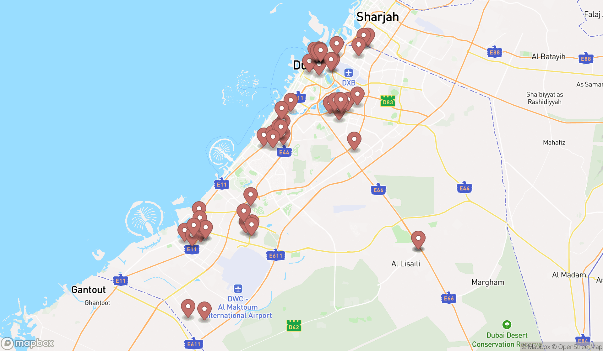 Map showing the search results in Dubai