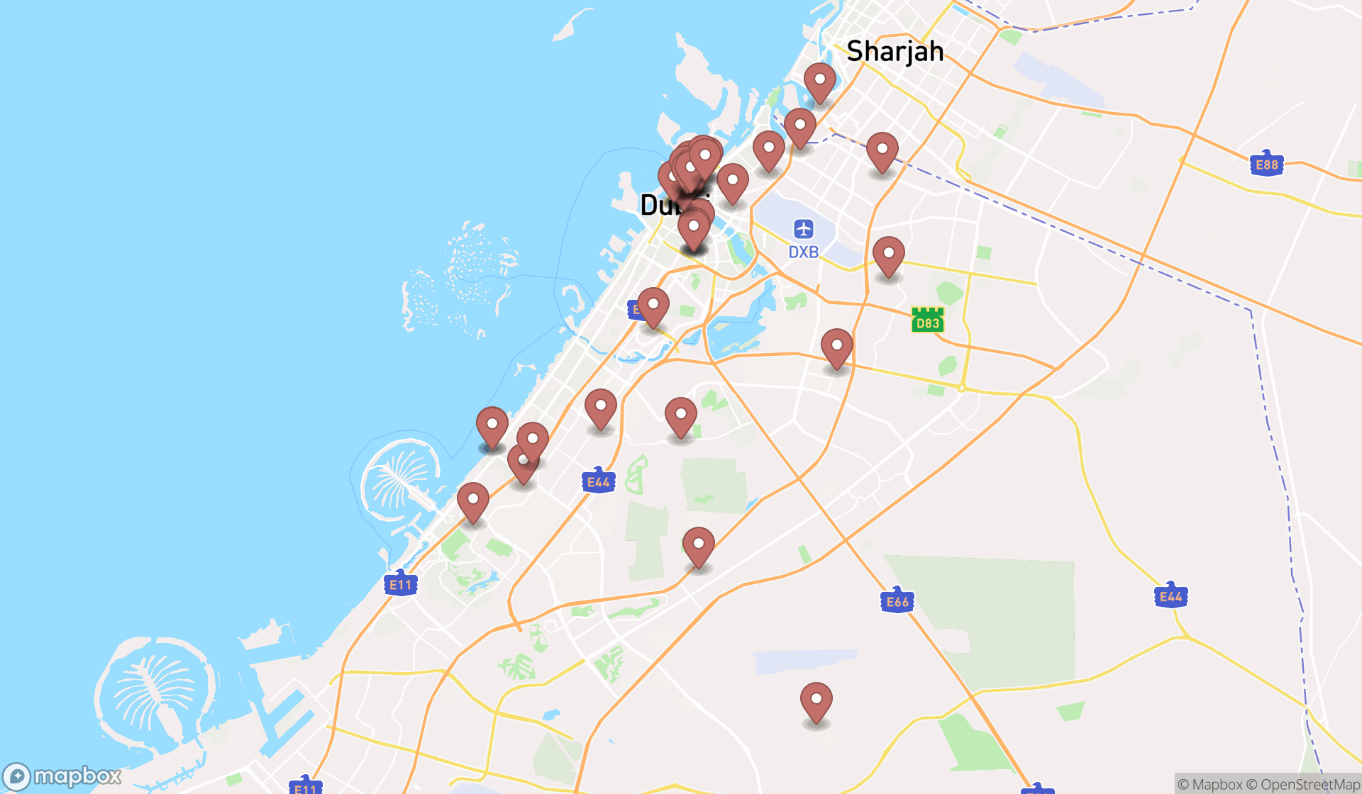 Map showing the search results in Dubai