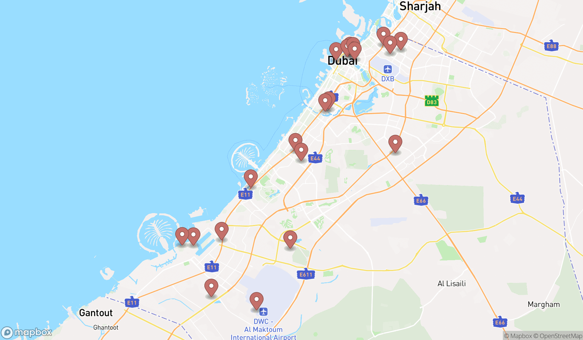Map showing the search results in Dubai