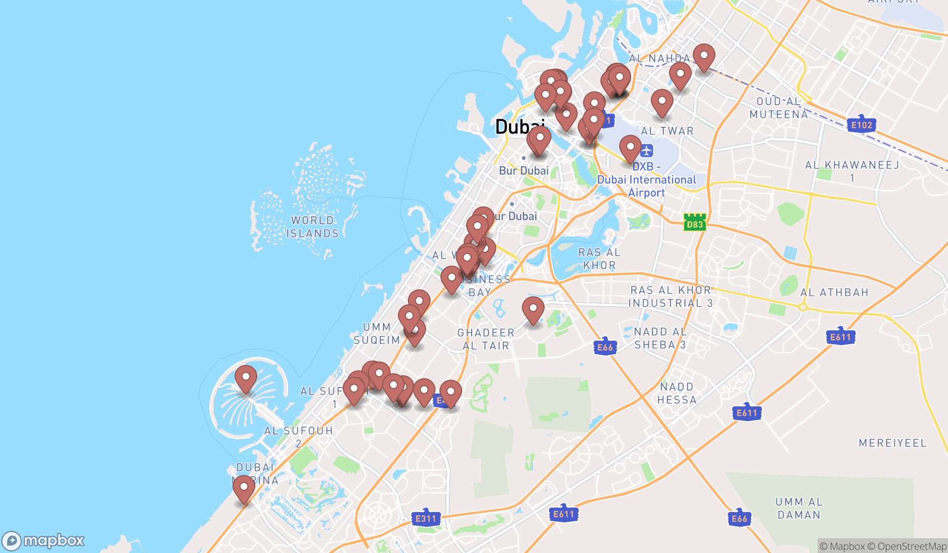 Map showing the search results in Dubai