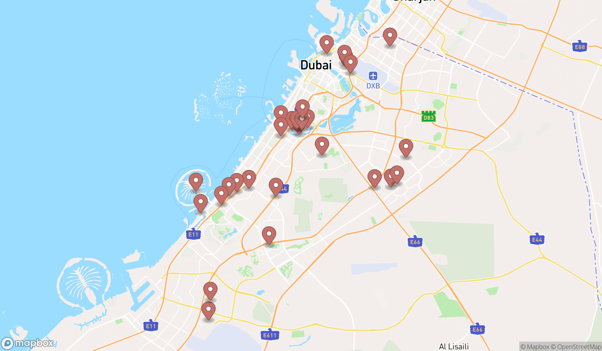 Map showing the search results in Dubai