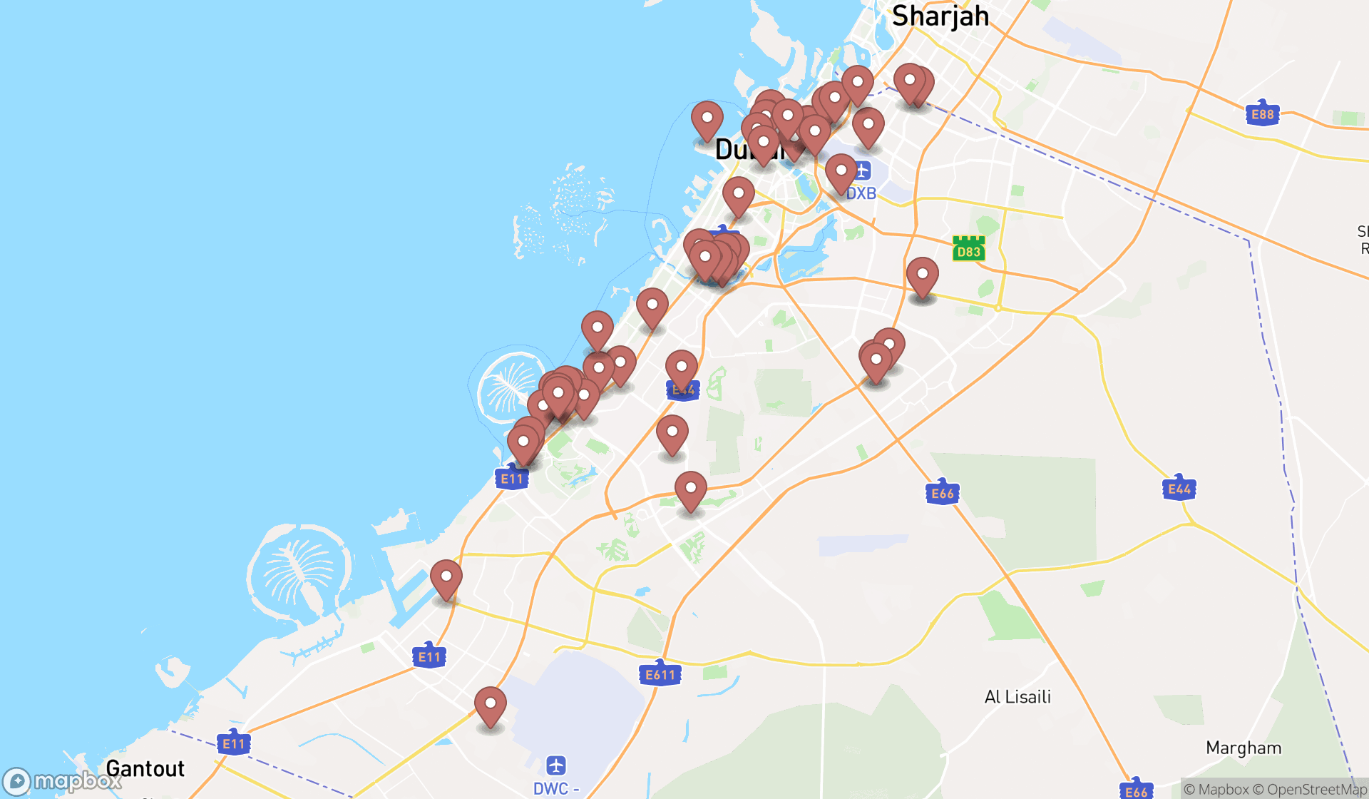 Map showing the search results in Dubai