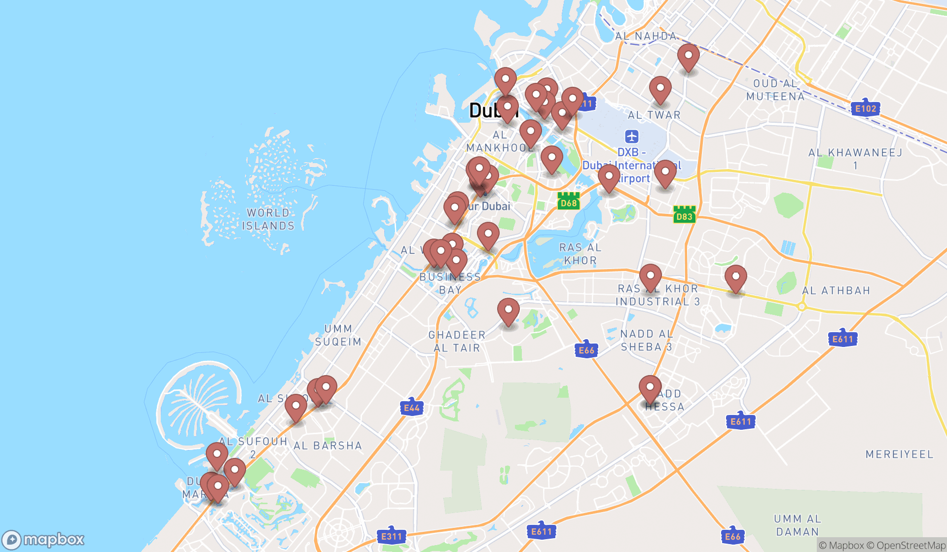 Map showing the search results in Dubai