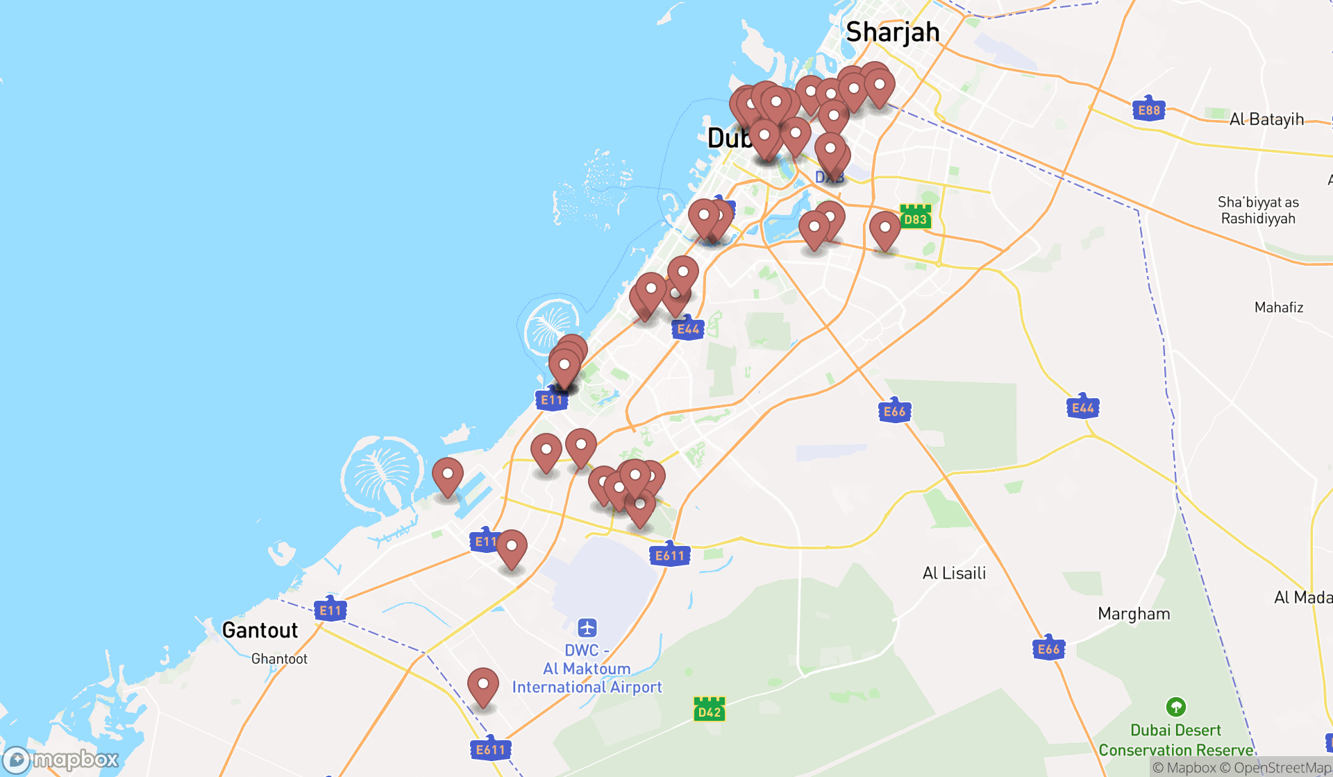 Map showing the search results in Dubai