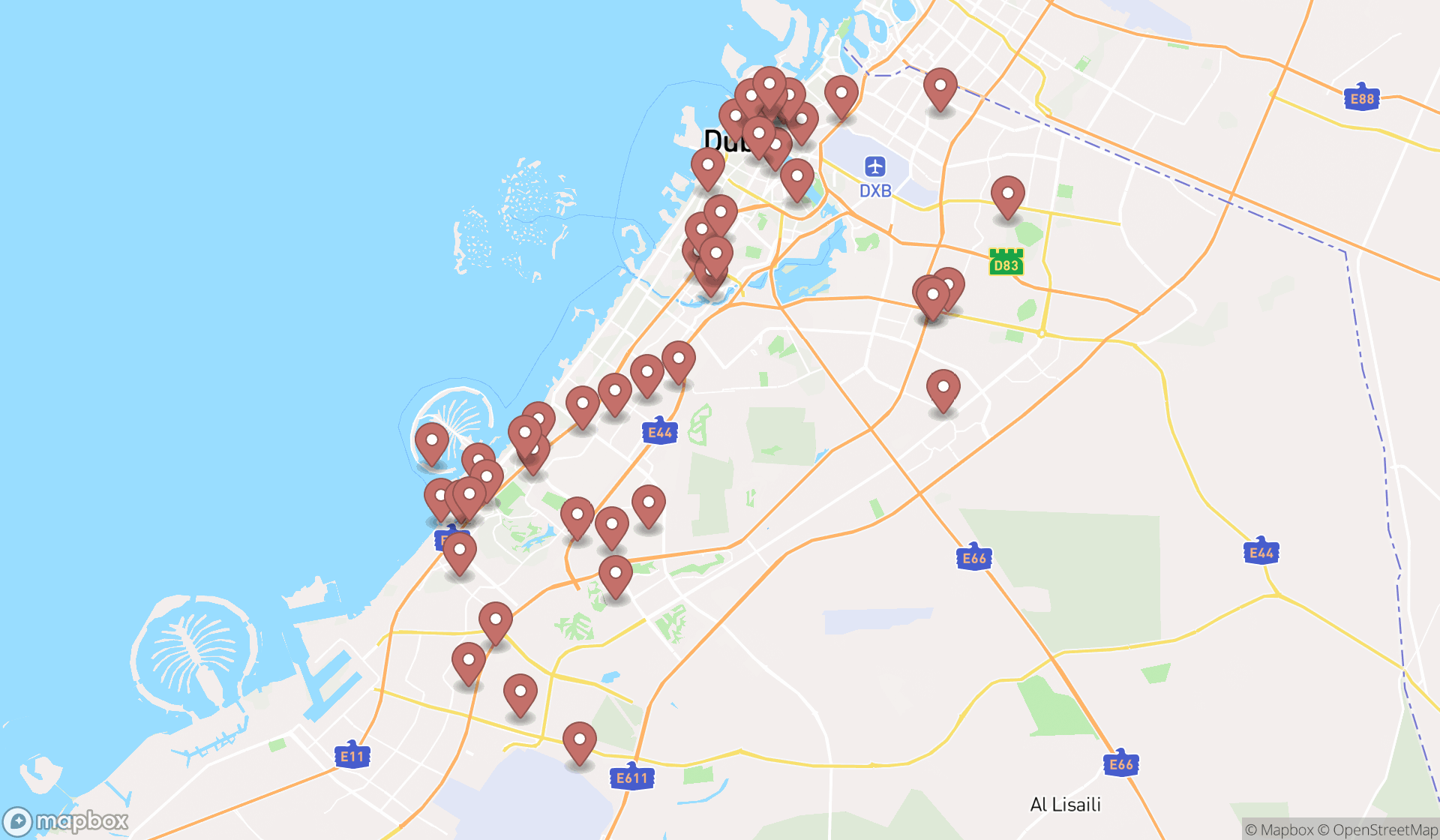 Map showing the search results in Dubai