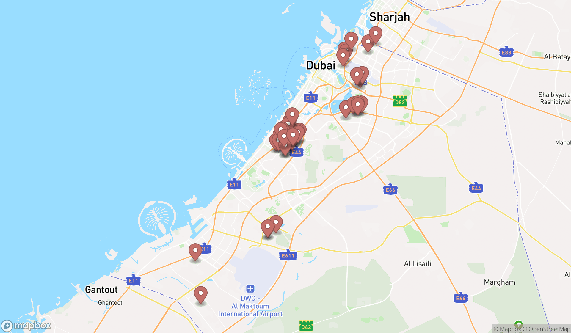 Map showing the search results in Dubai
