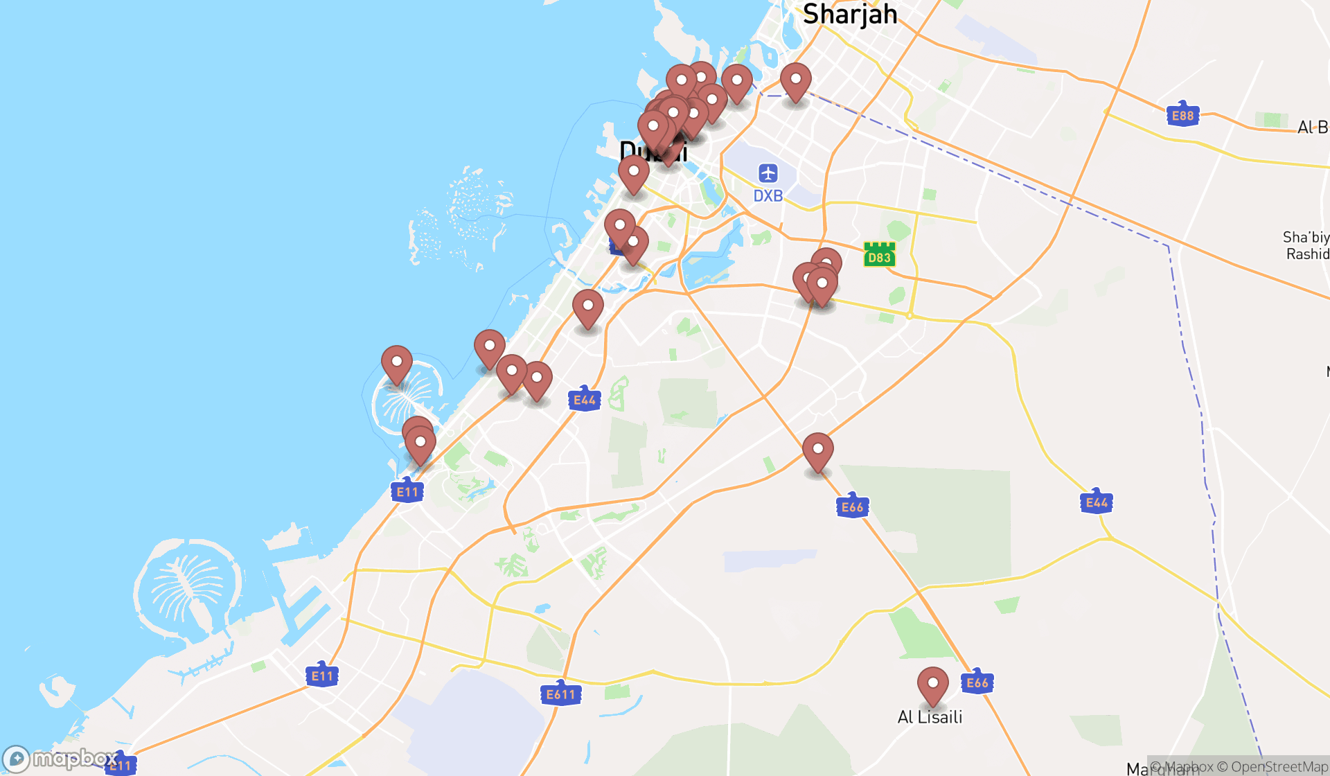 Map showing the search results in Dubai
