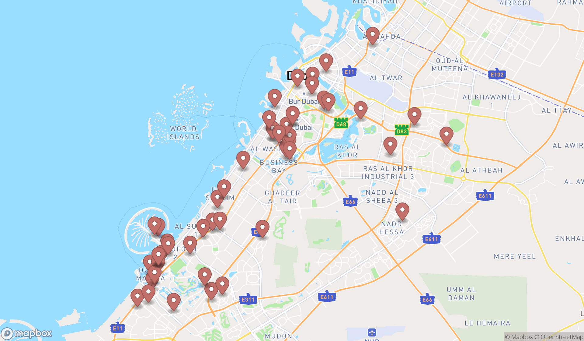 Map showing the search results in Dubai
