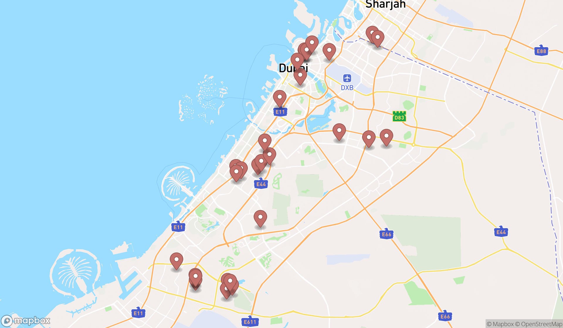 Map showing the search results in Dubai