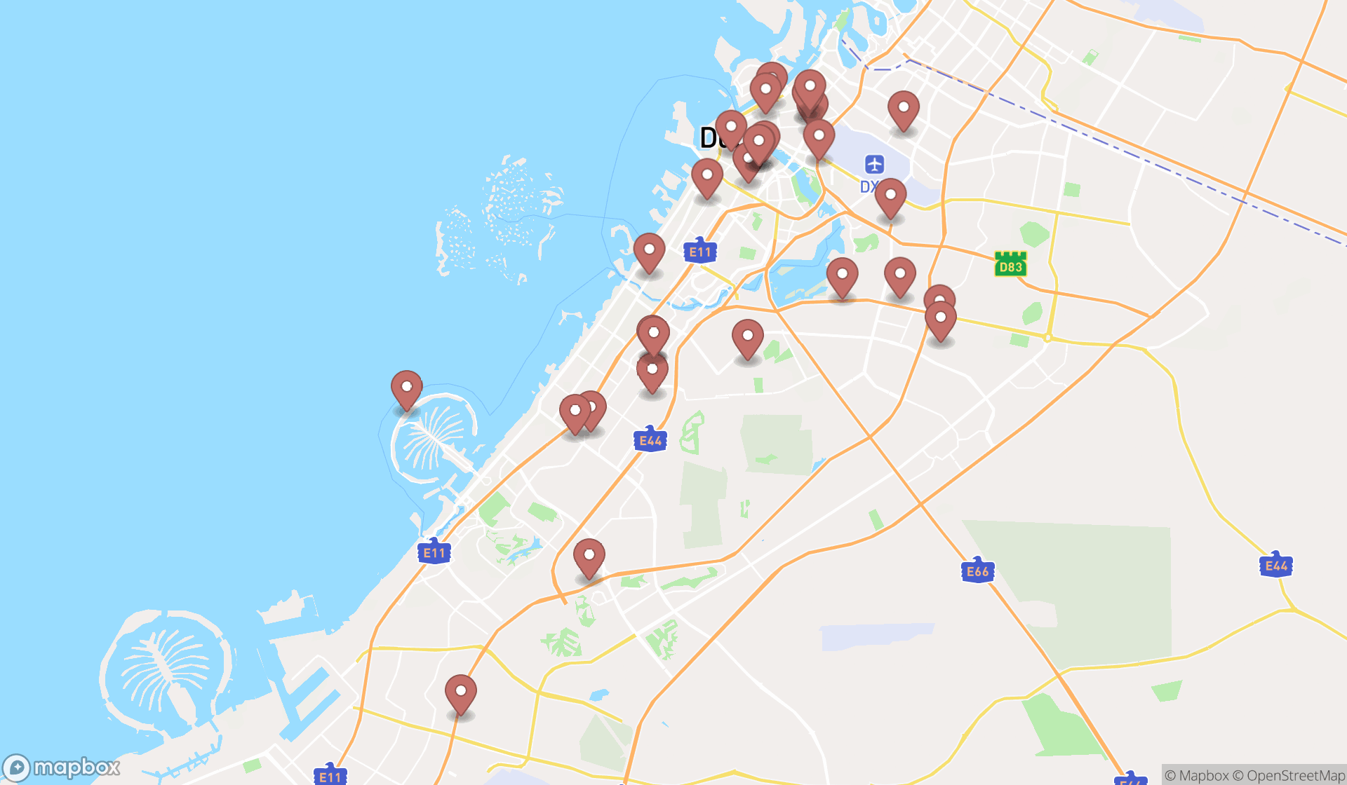 Map showing the search results in Dubai