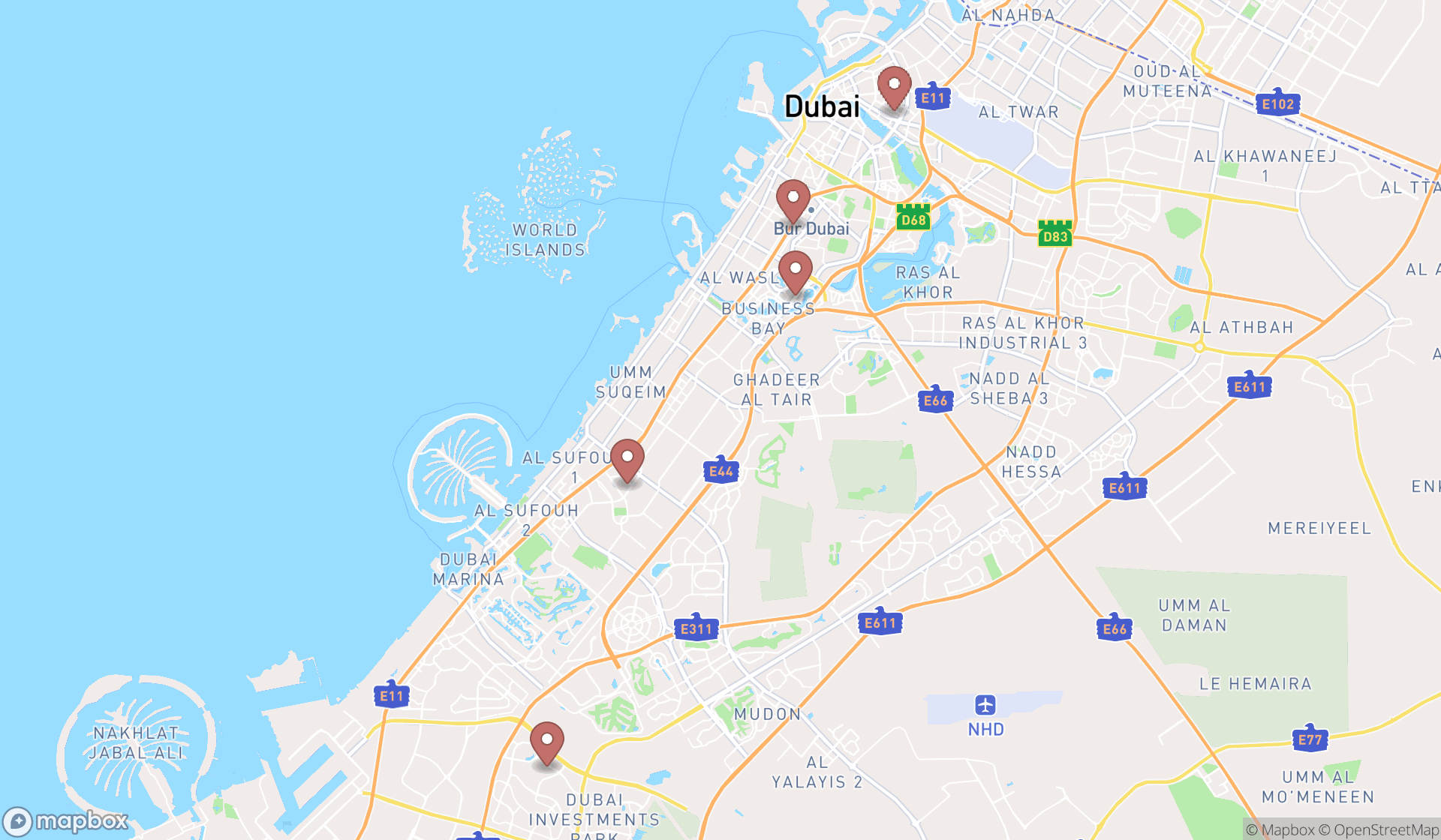 Map showing the search results in Dubai
