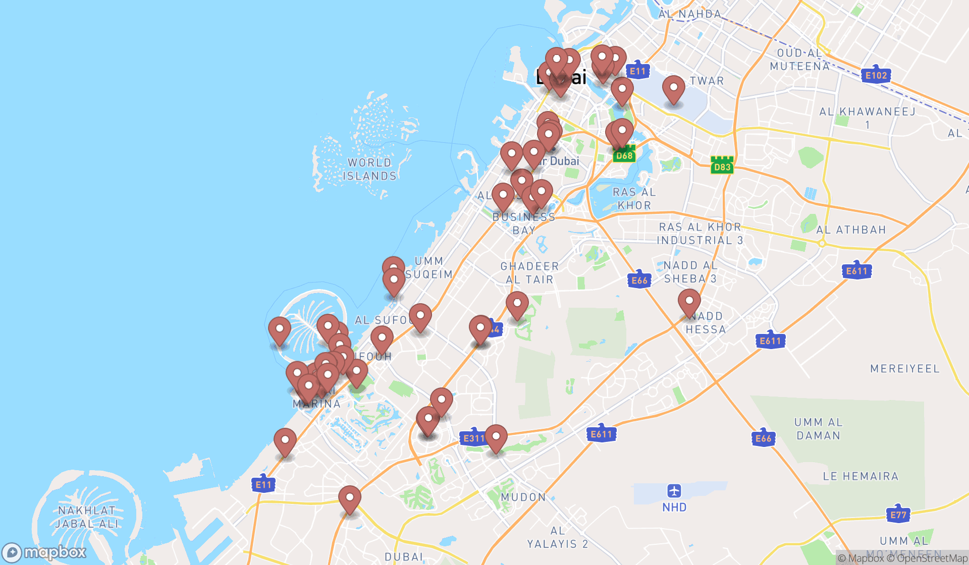 Map showing the search results in Dubai