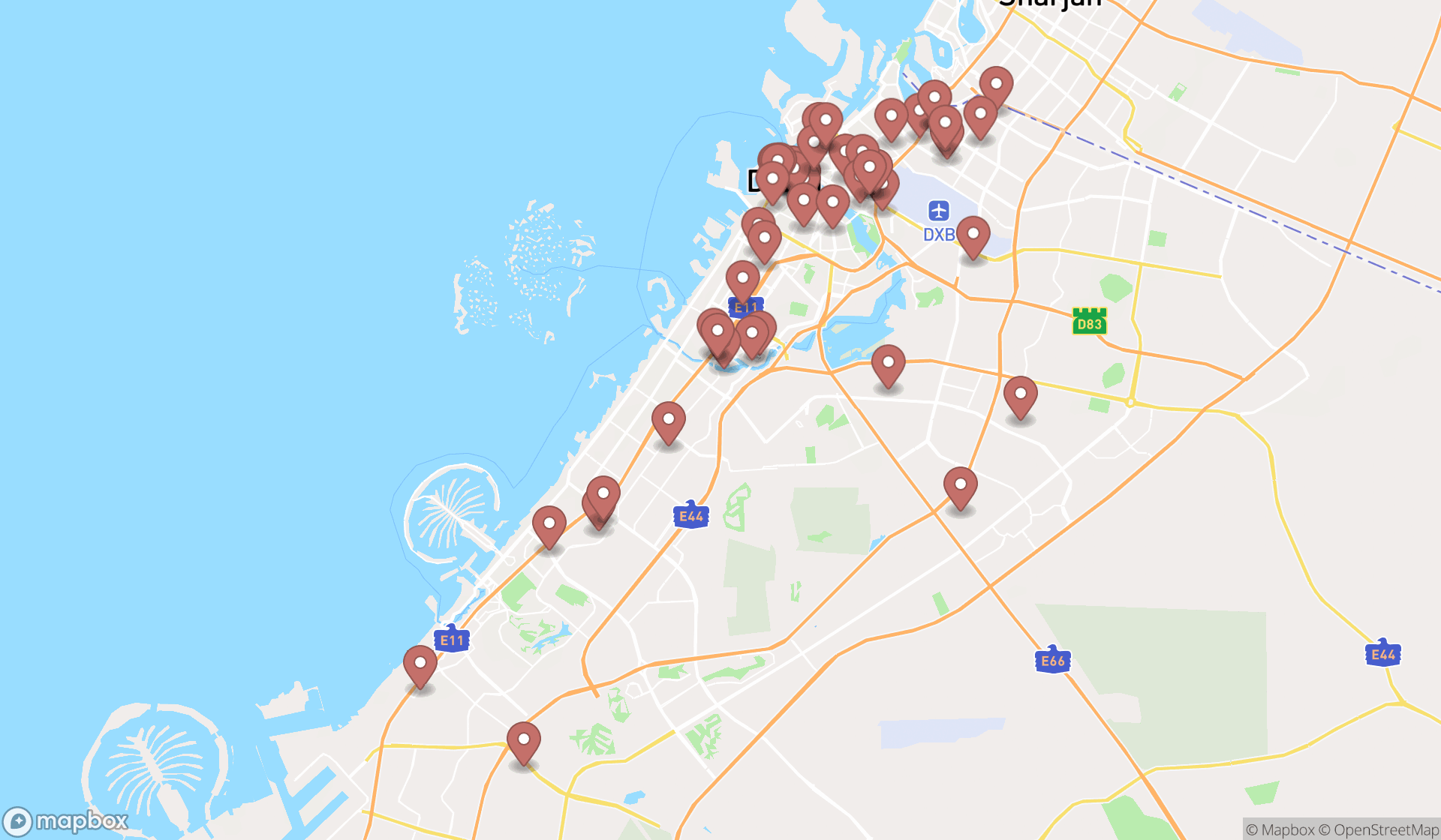 Map showing the search results in Dubai