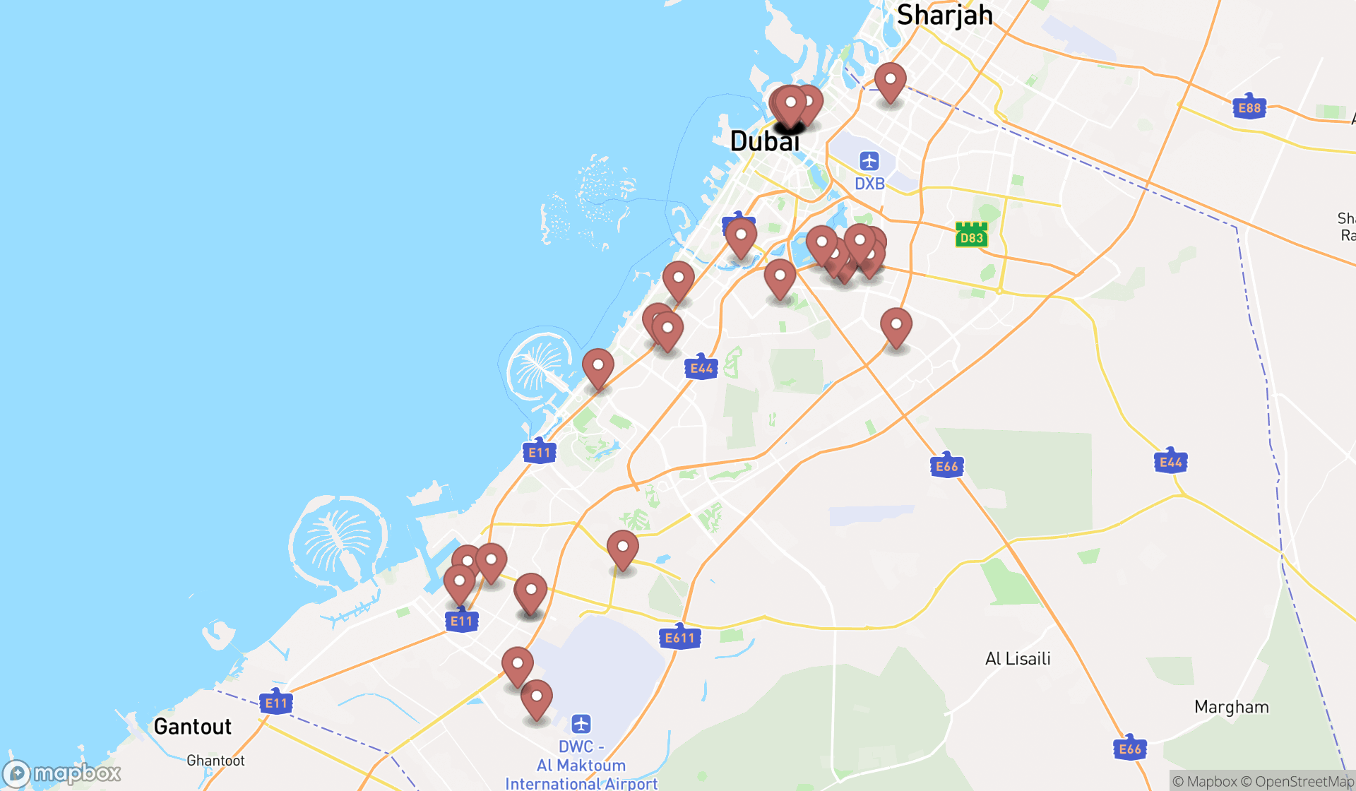 Map showing the search results in Dubai