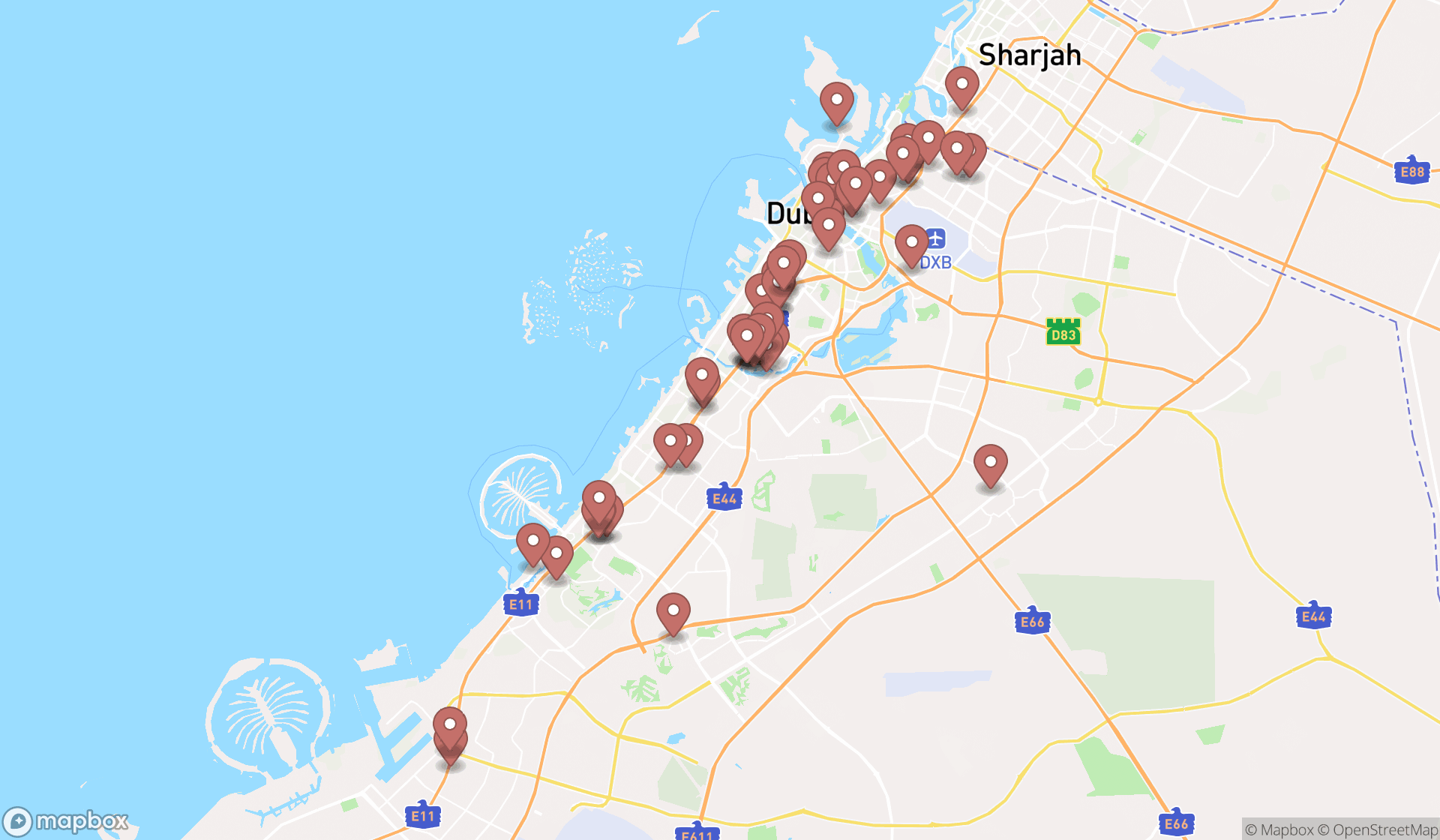 Map showing the search results in Dubai