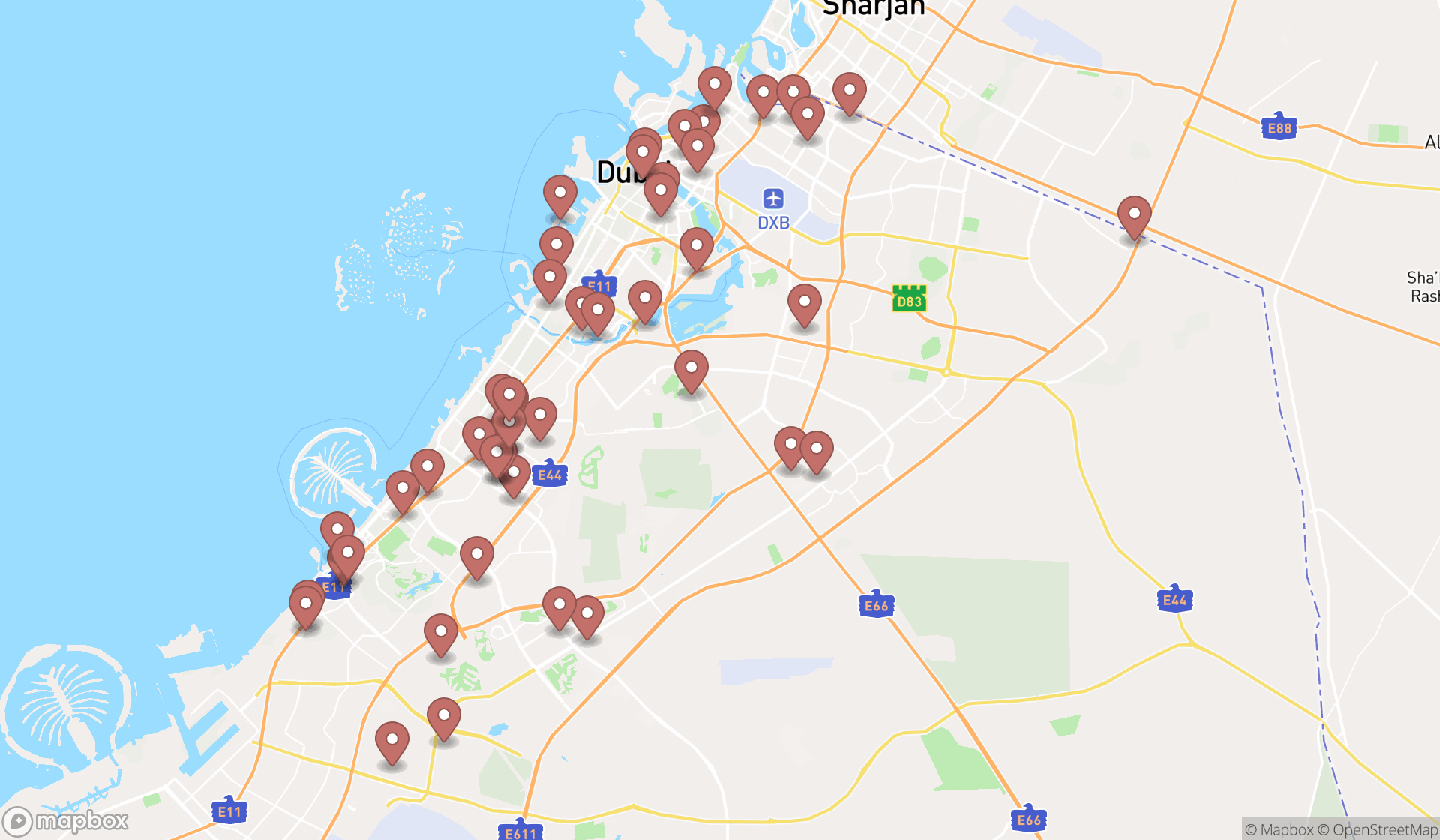 Map showing the search results in Dubai