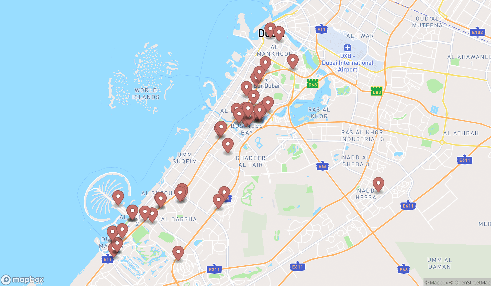 Map showing the search results in Dubai