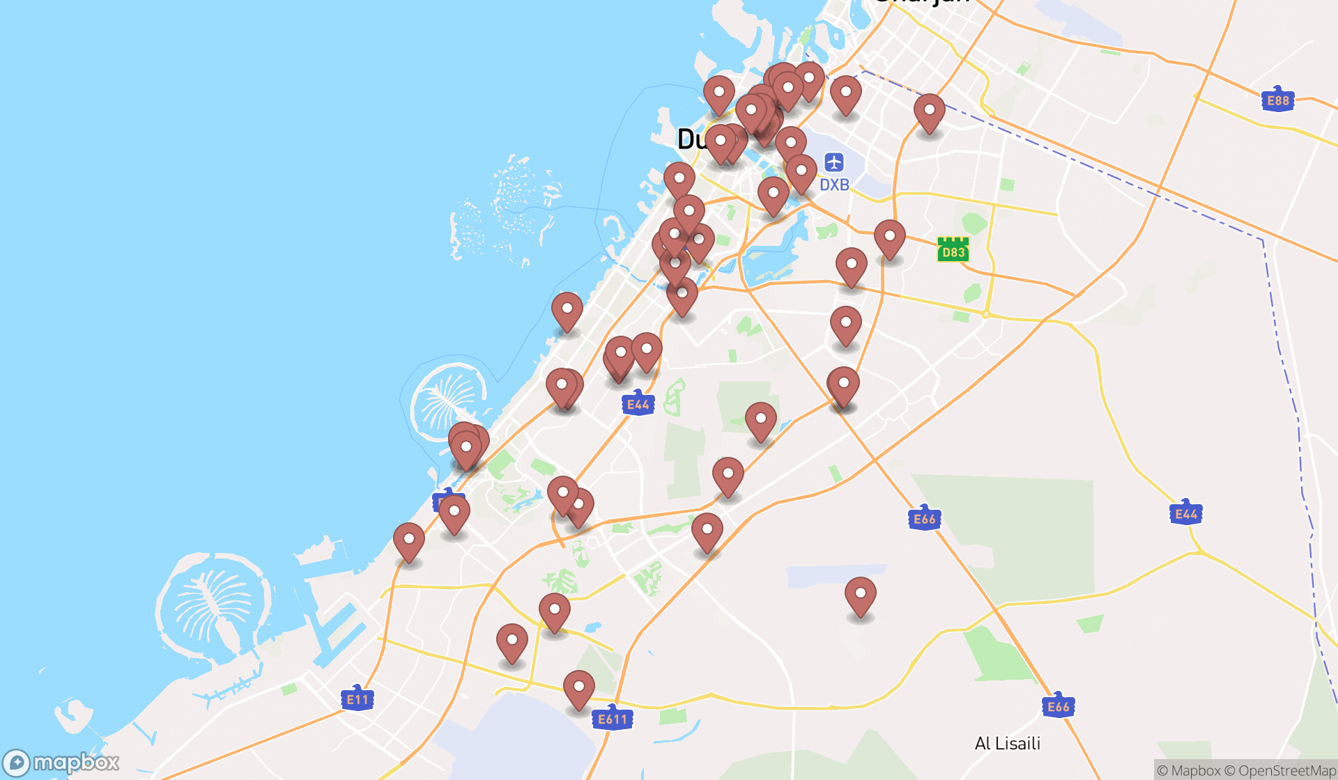 Map showing the search results in Dubai