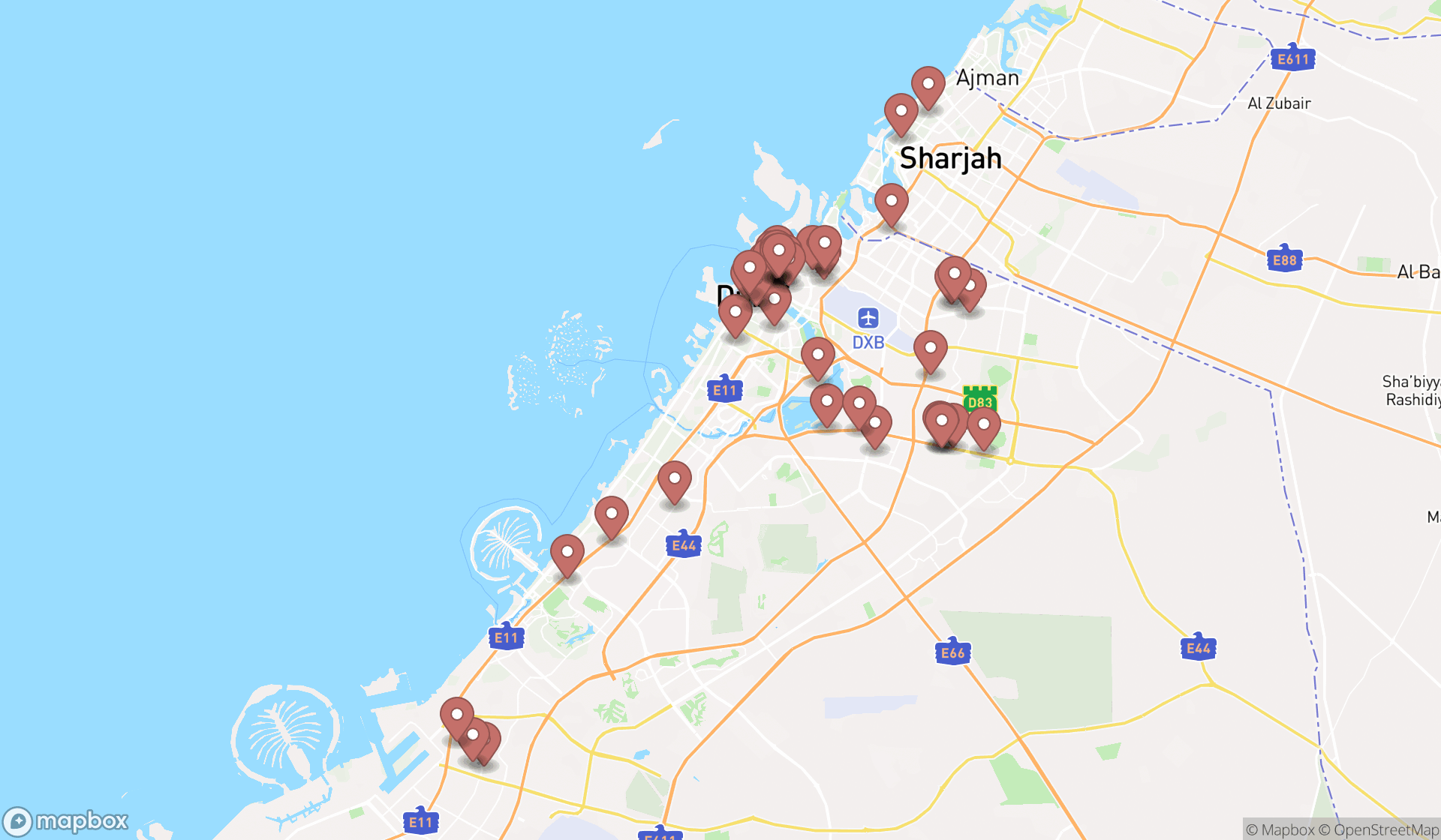 Map showing the search results in Dubai