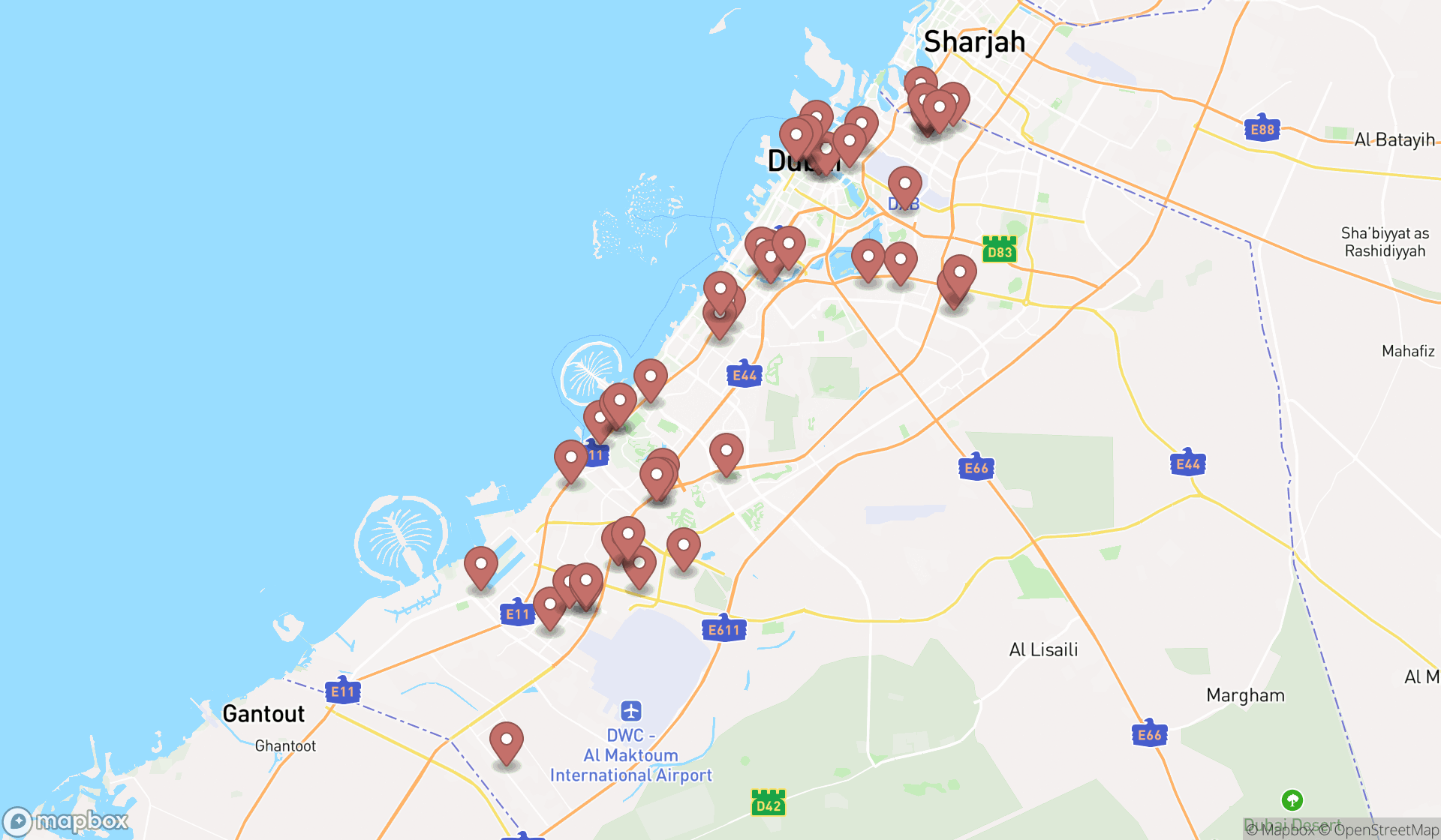 Map showing the search results in Dubai