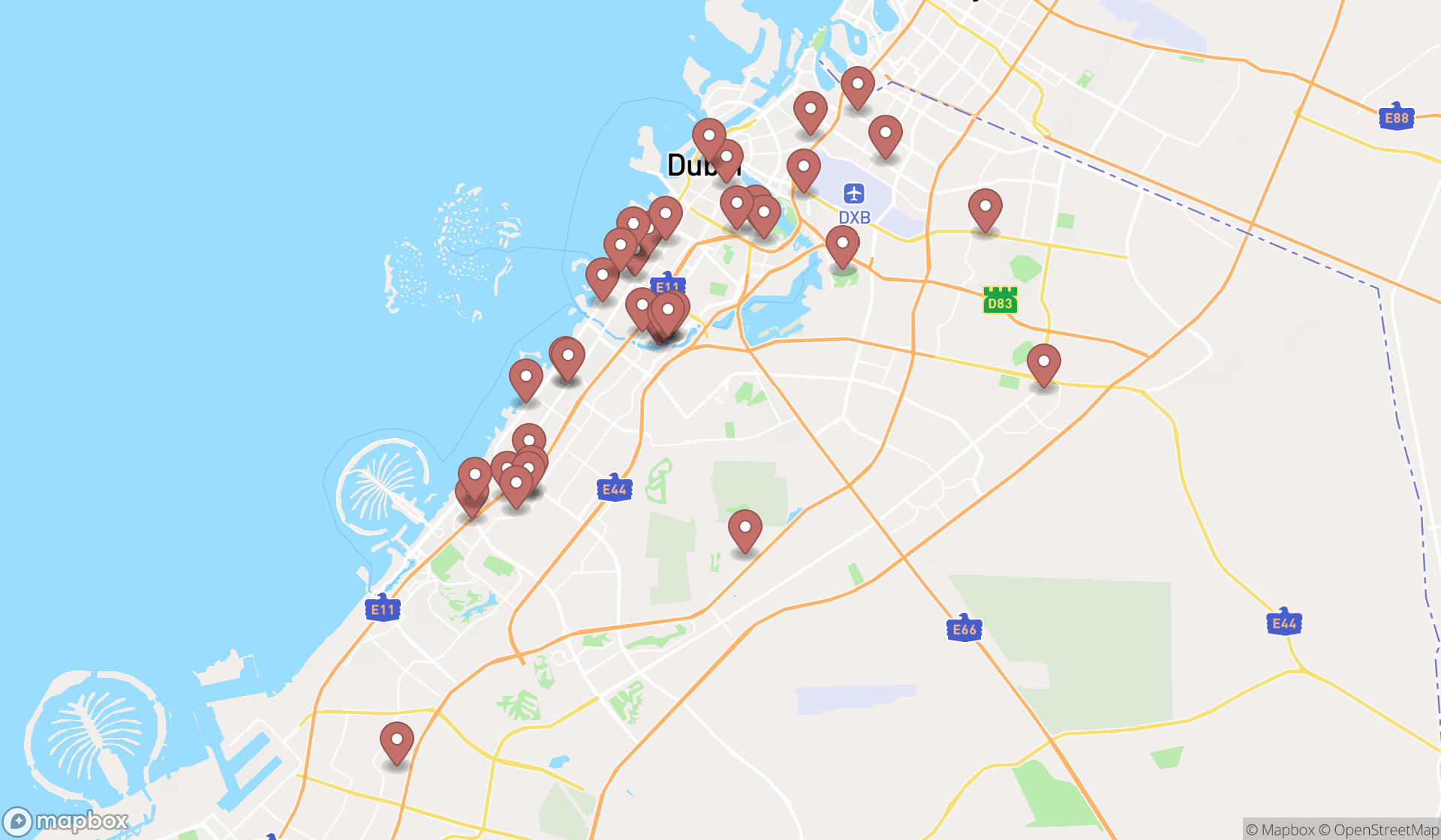 Map showing the search results in Dubai