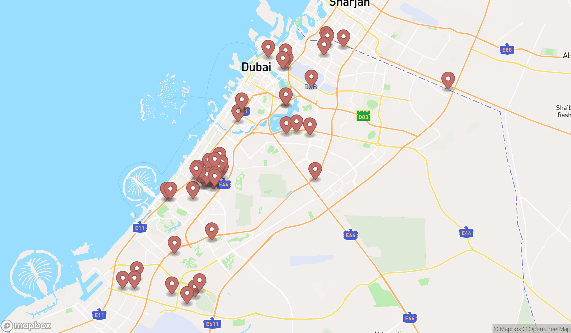 Map showing the search results in Dubai