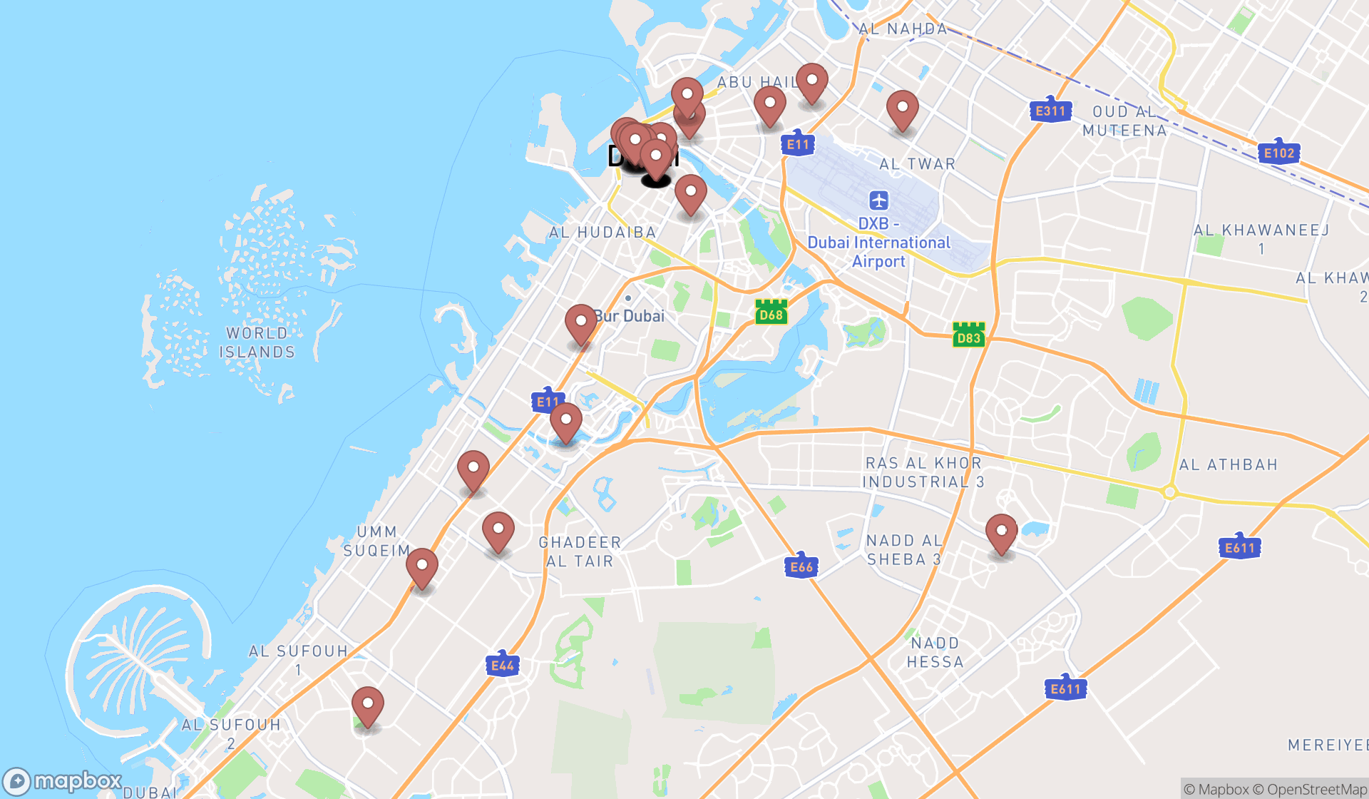 Map showing the search results in Dubai