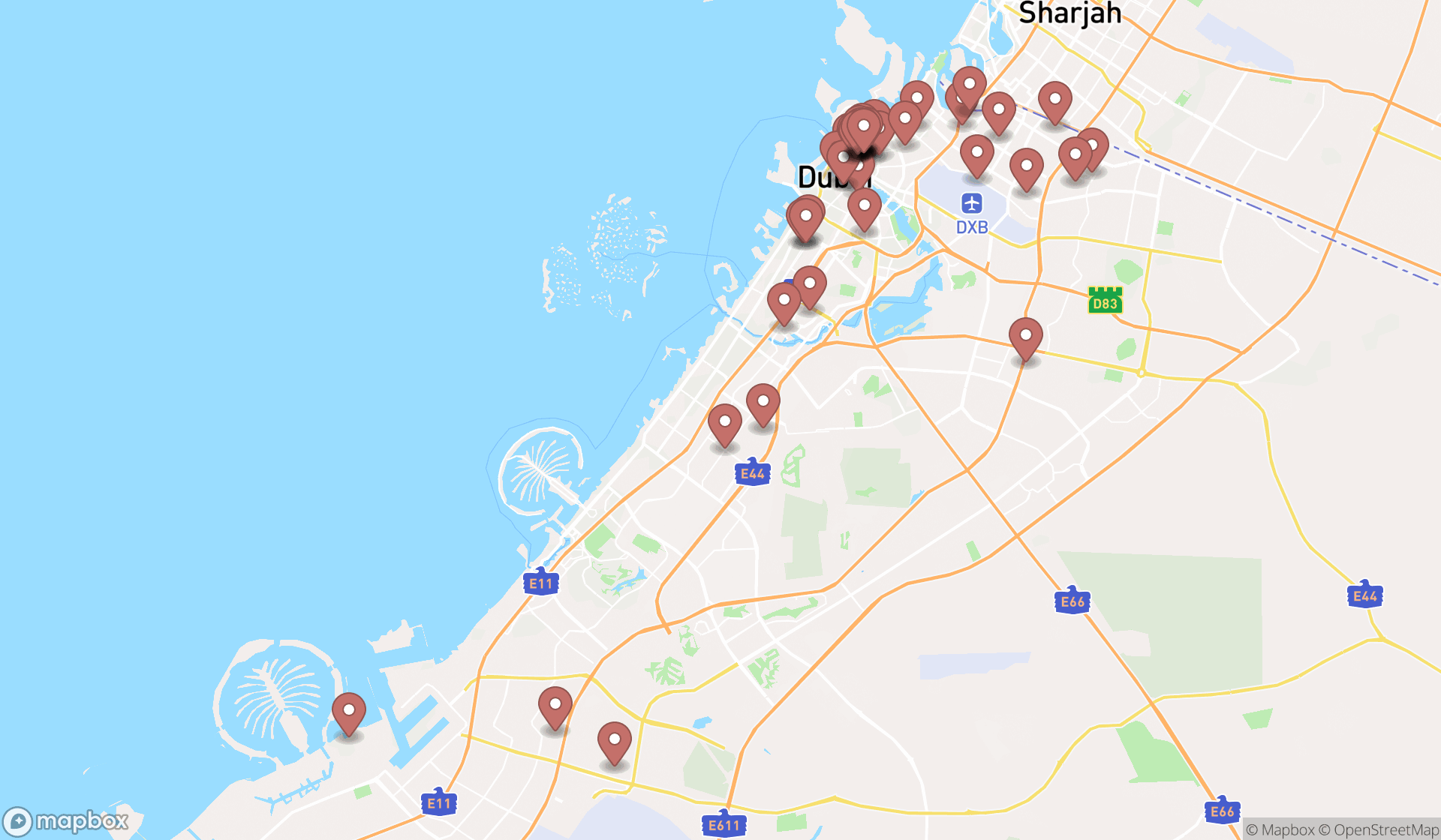 Map showing the search results in Dubai