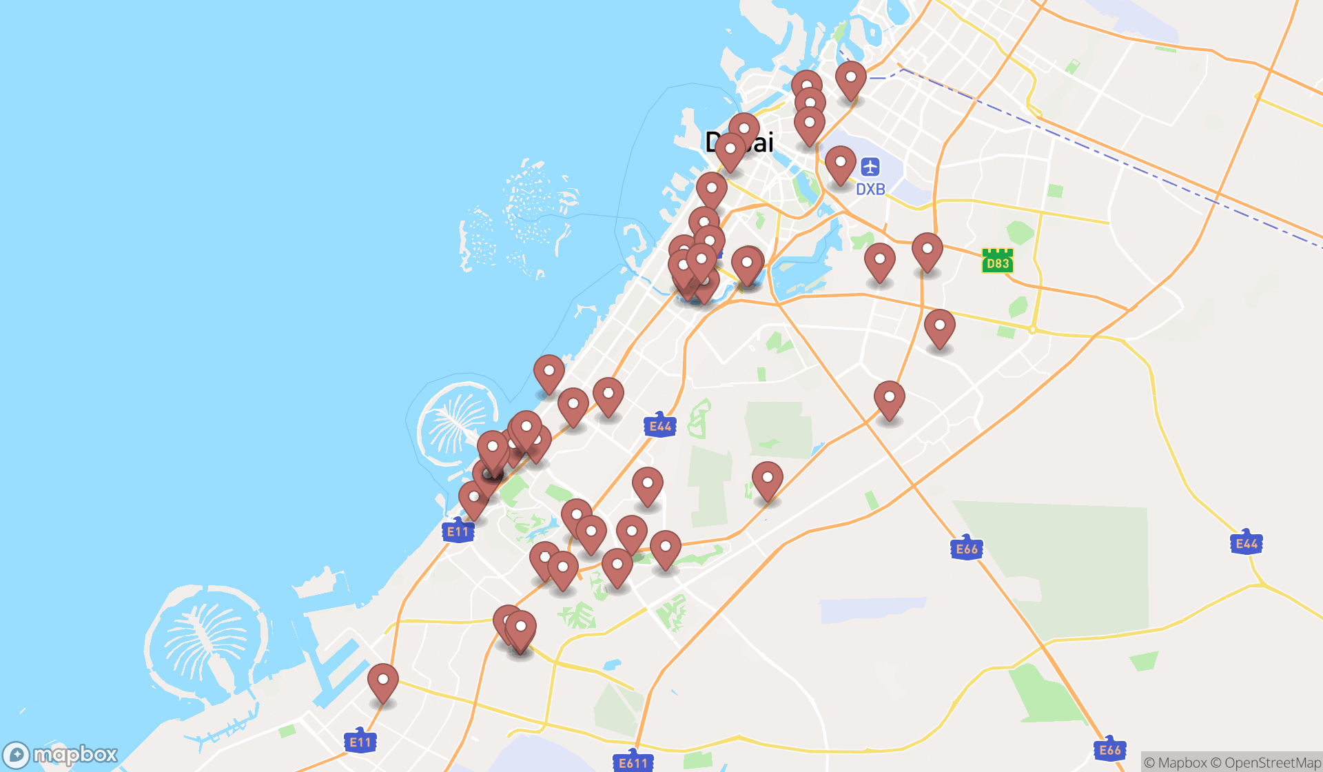 Map showing the search results in Dubai