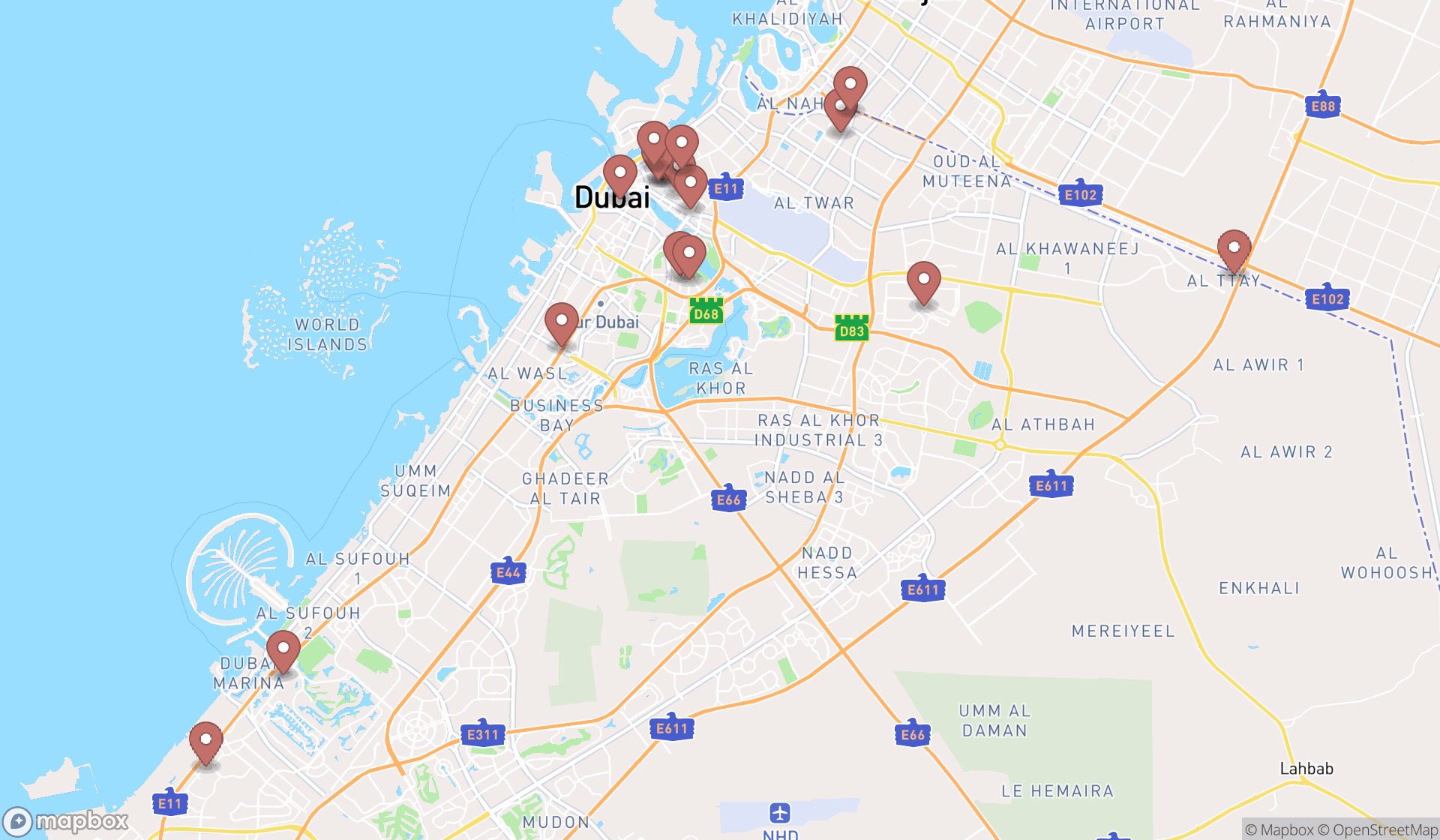 Map showing the search results in Dubai