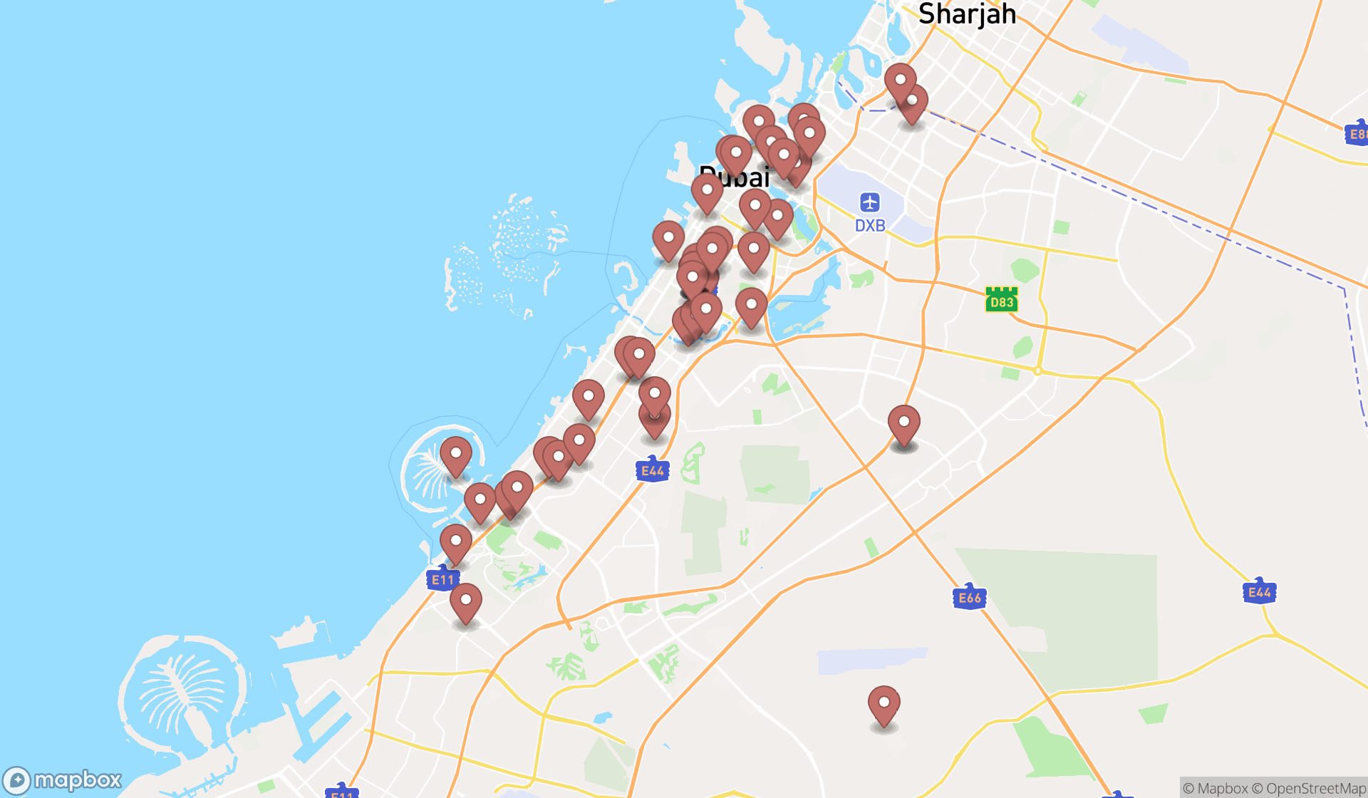 Map showing the search results in Dubai