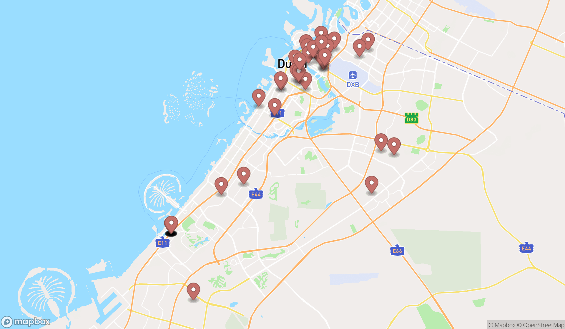 Map showing the search results in Dubai