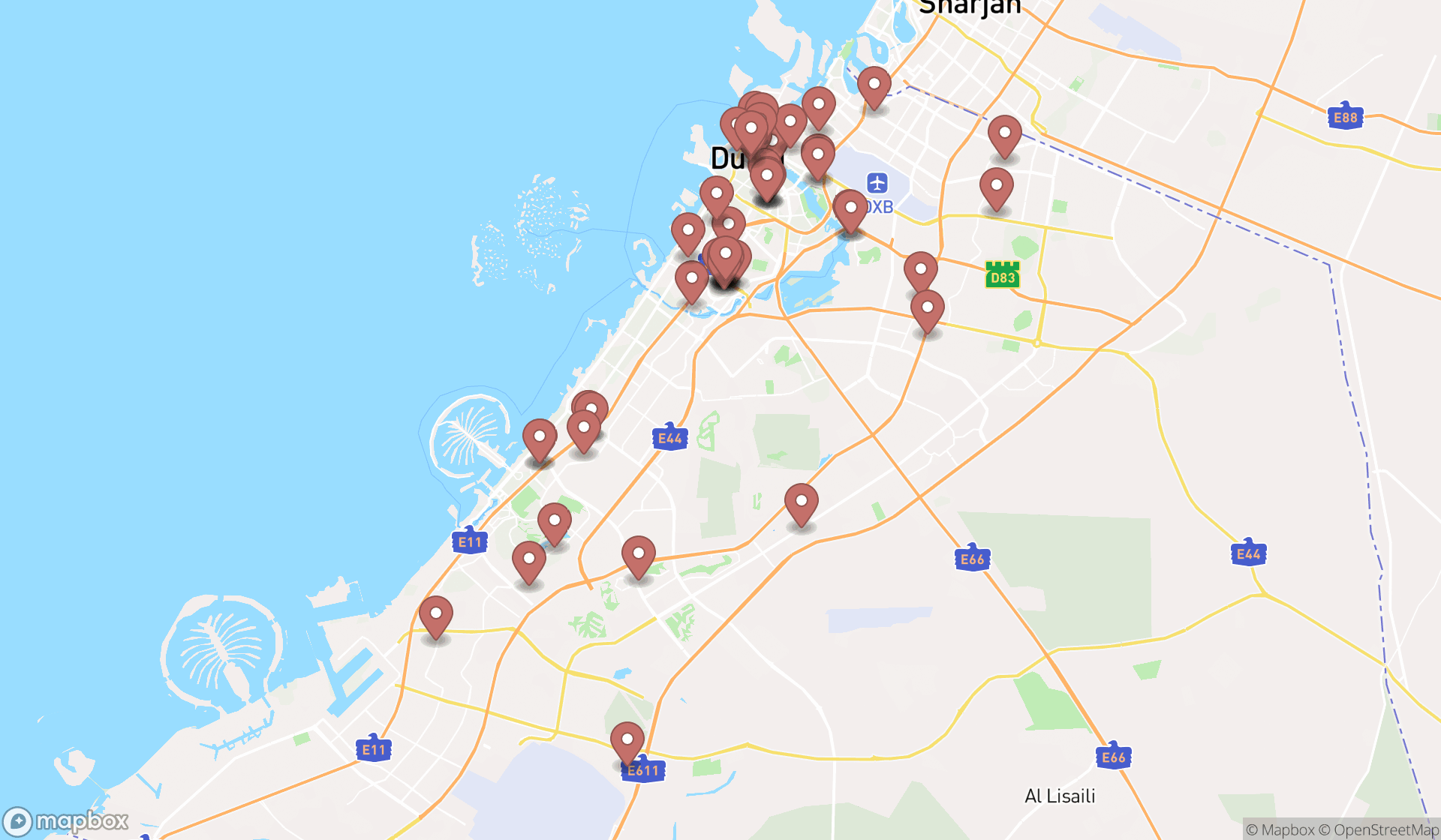 Map showing the search results in Dubai