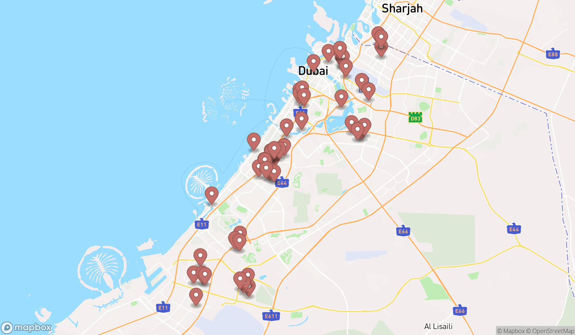Map showing the search results in Dubai