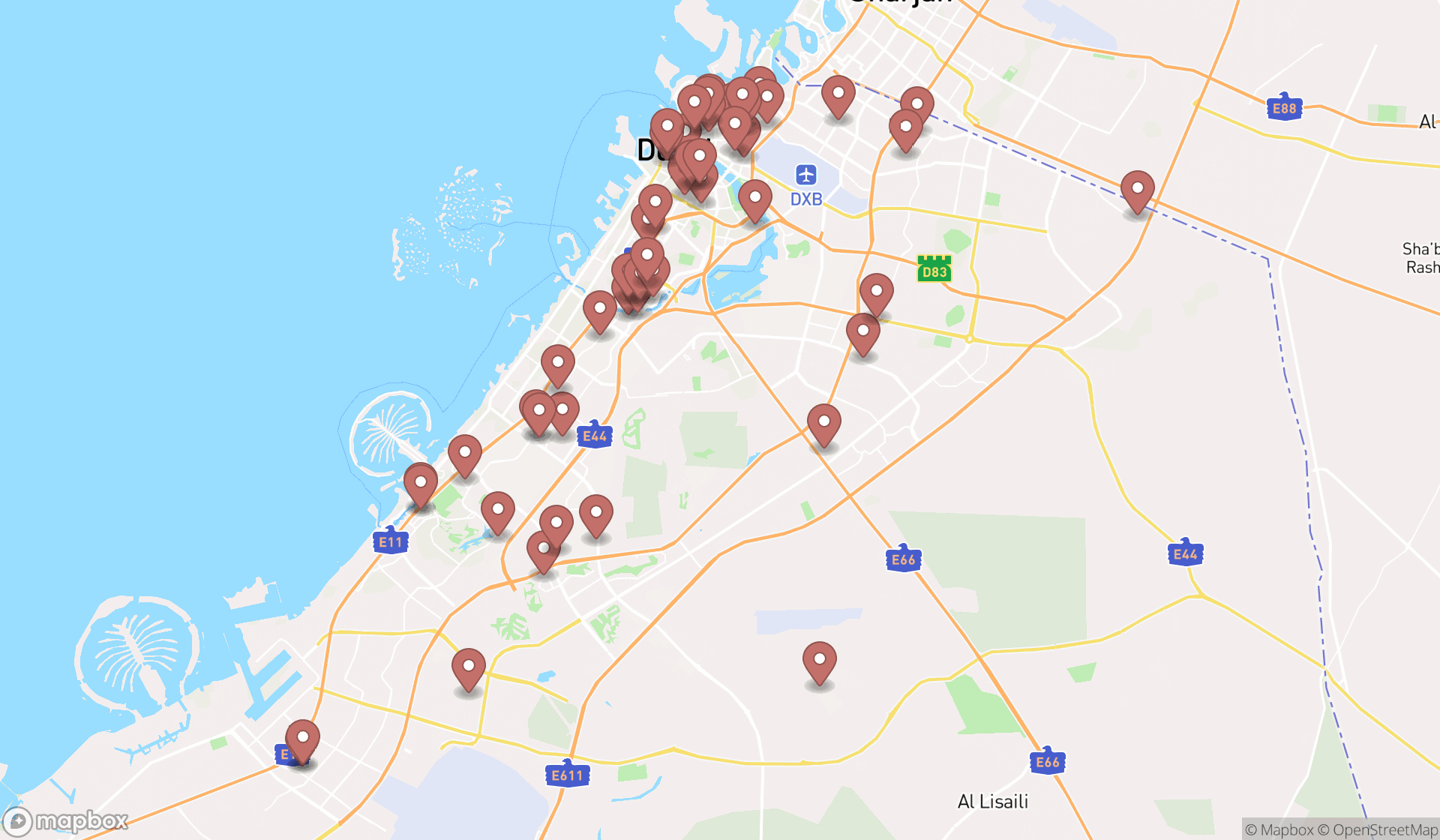 Map showing the search results in Dubai