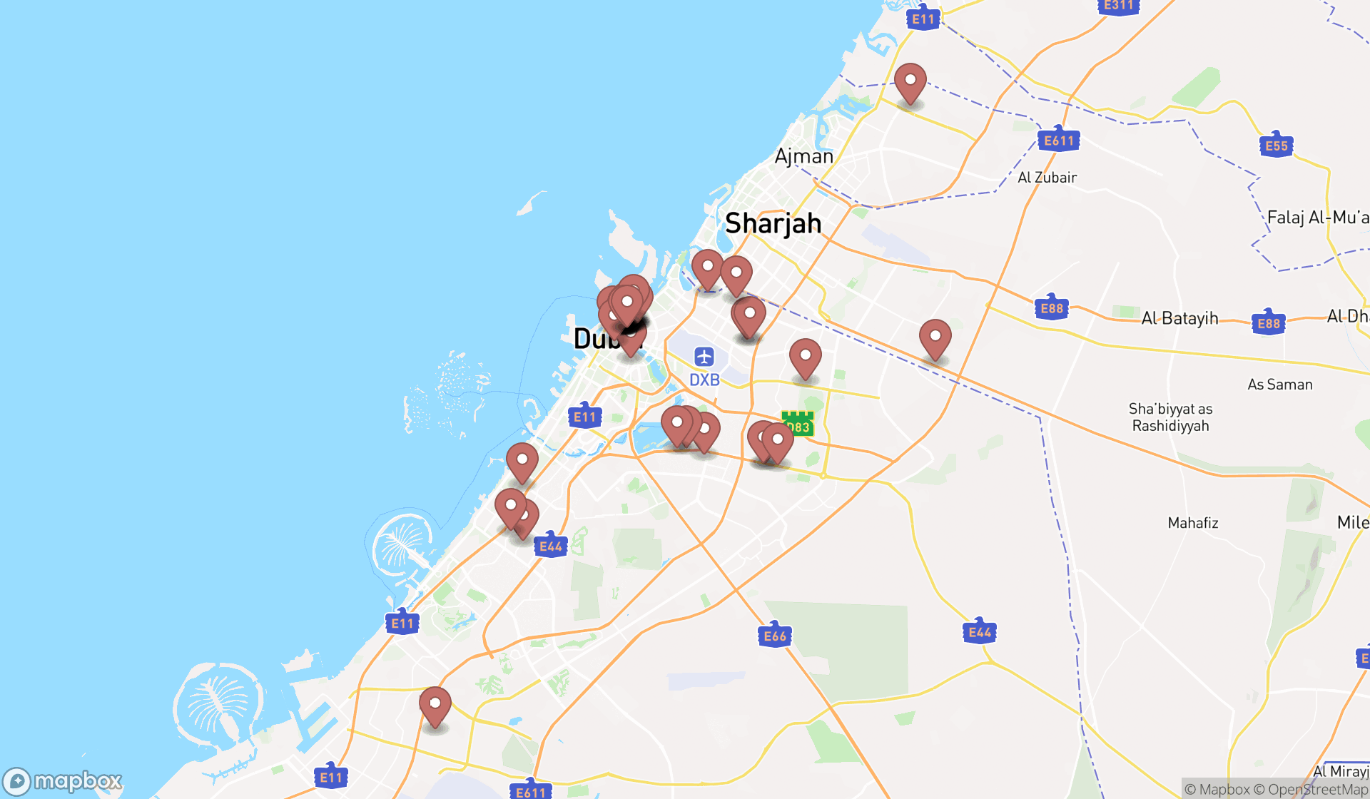 Map showing the search results in Dubai