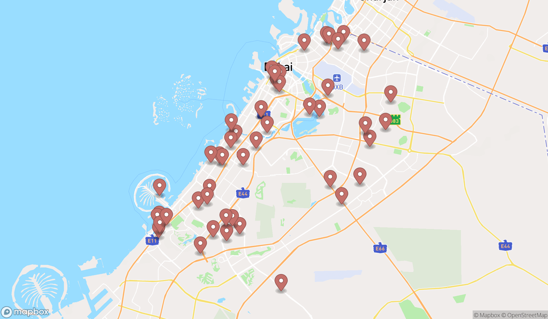 Map showing the search results in Dubai