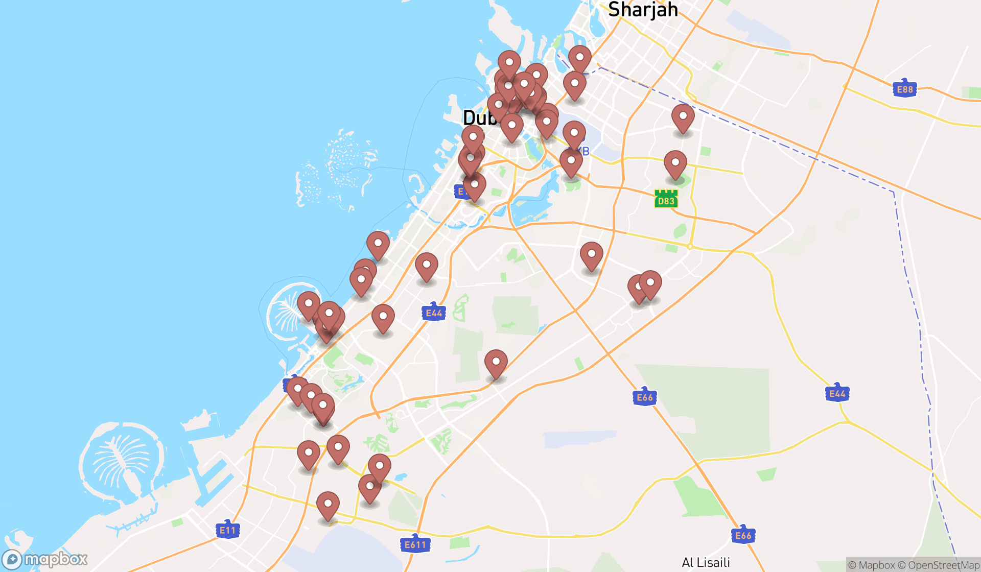 Map showing the search results in Dubai