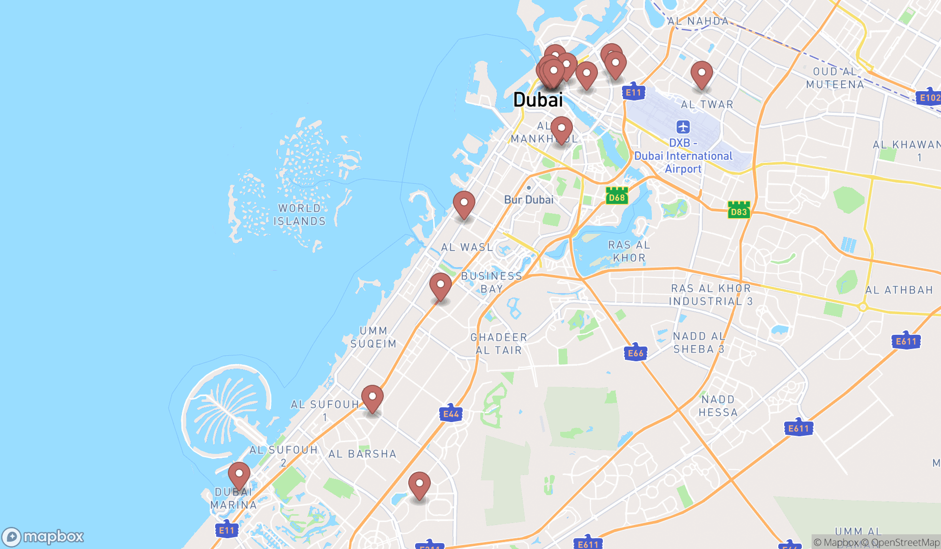 Map showing the search results in Dubai