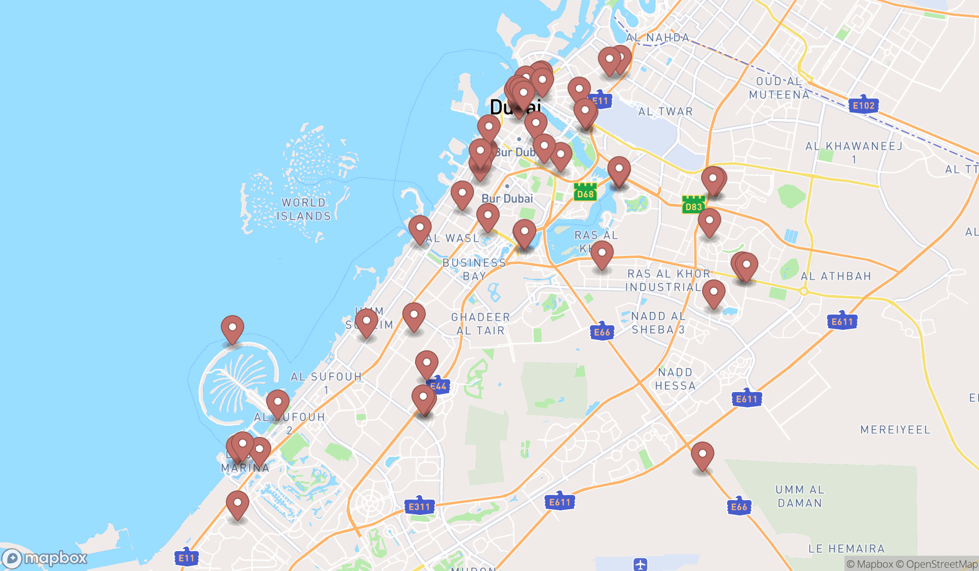 Map showing the search results in Dubai