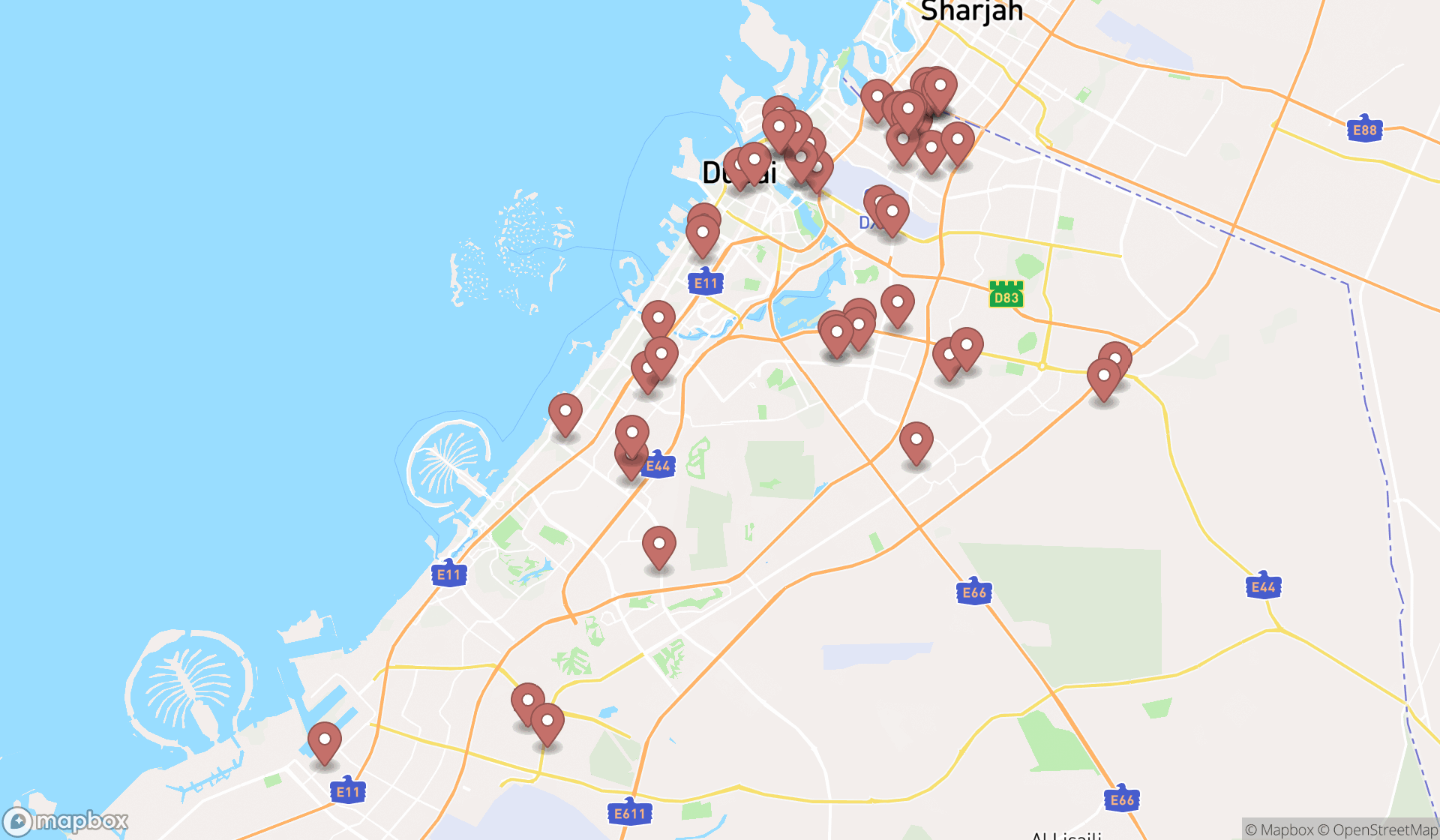 Map showing the search results in Dubai