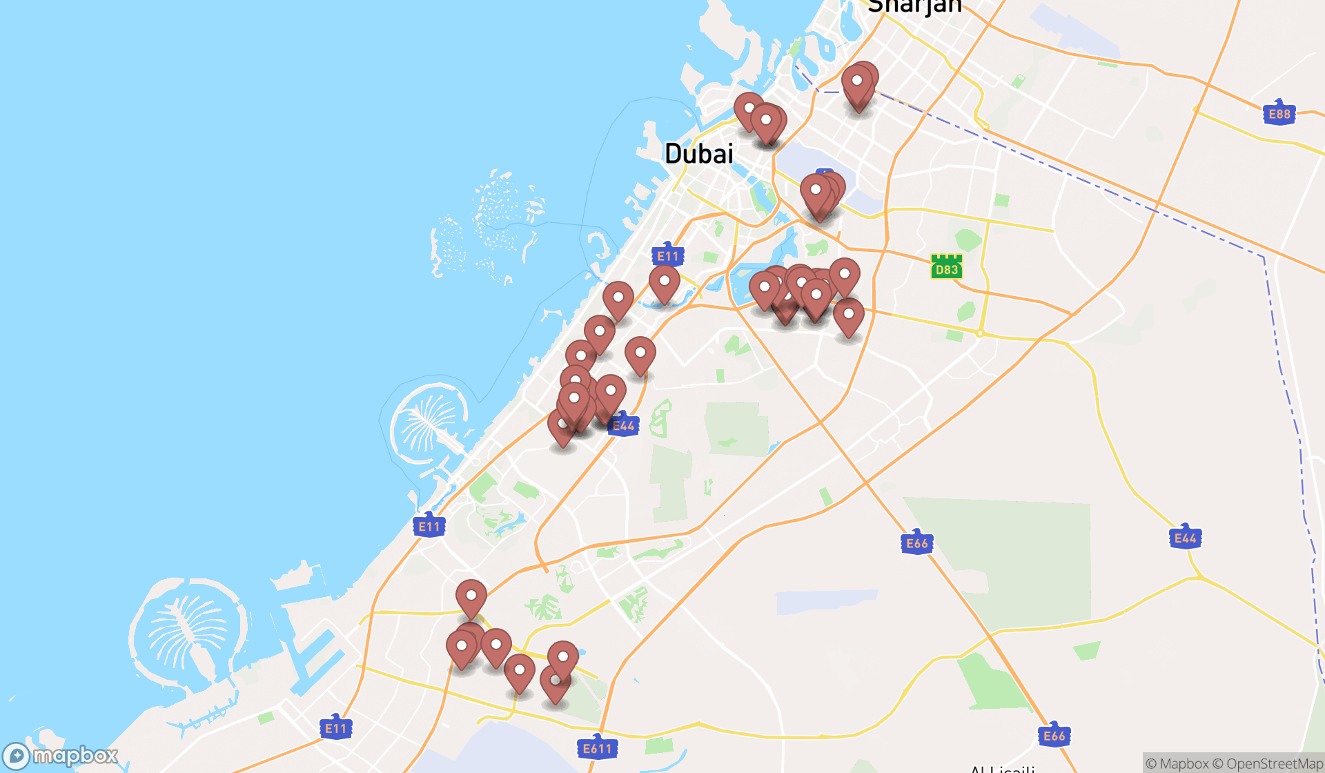 Map showing the search results in Dubai