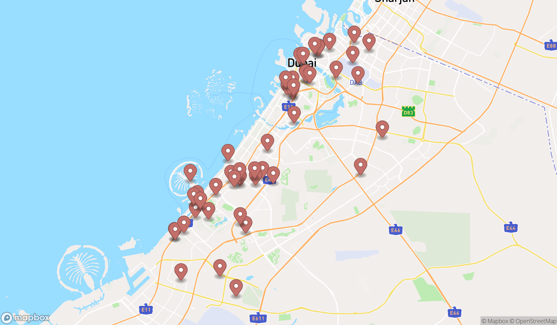 Map showing the search results in Dubai