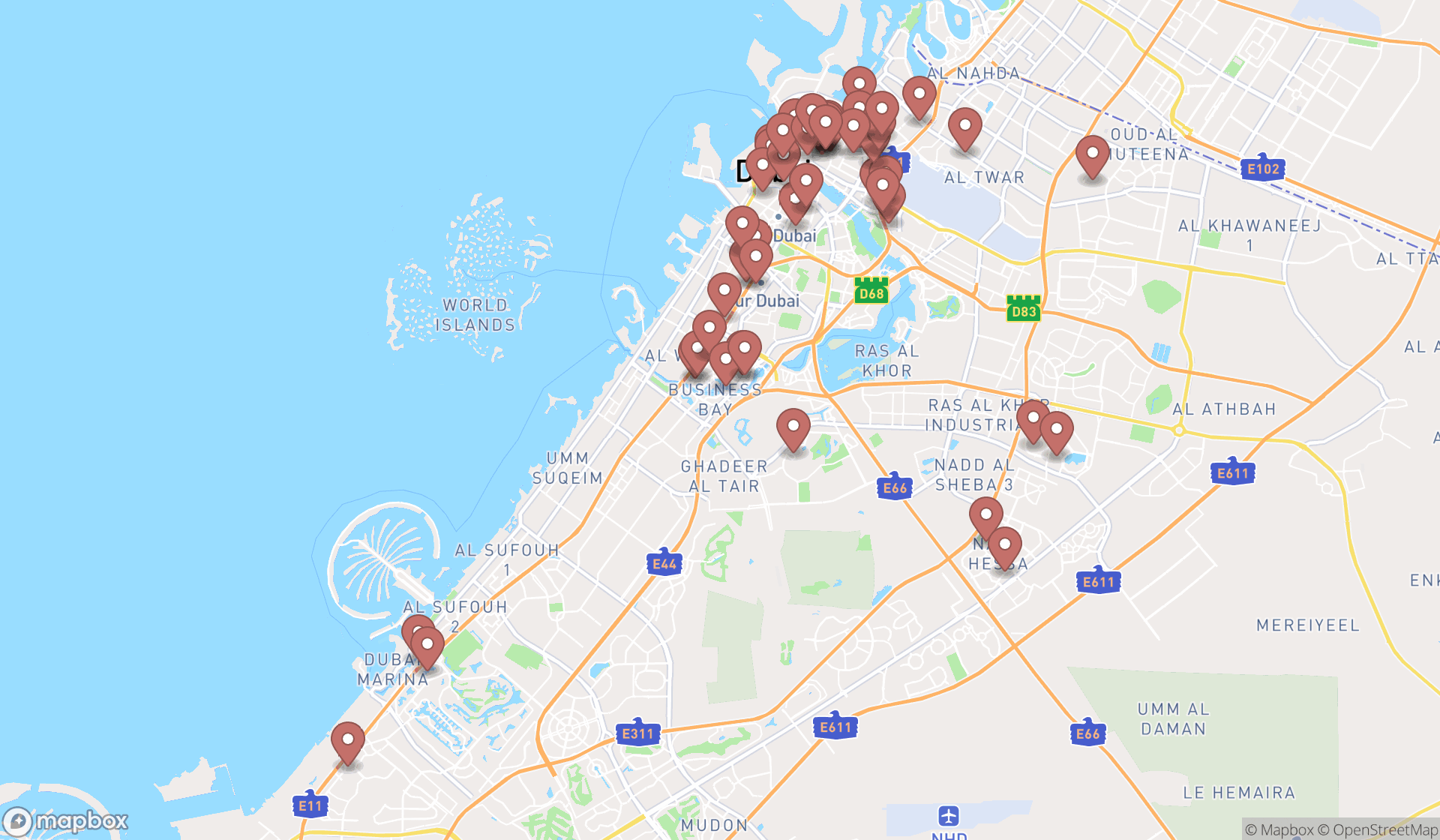 Map showing the search results in Dubai