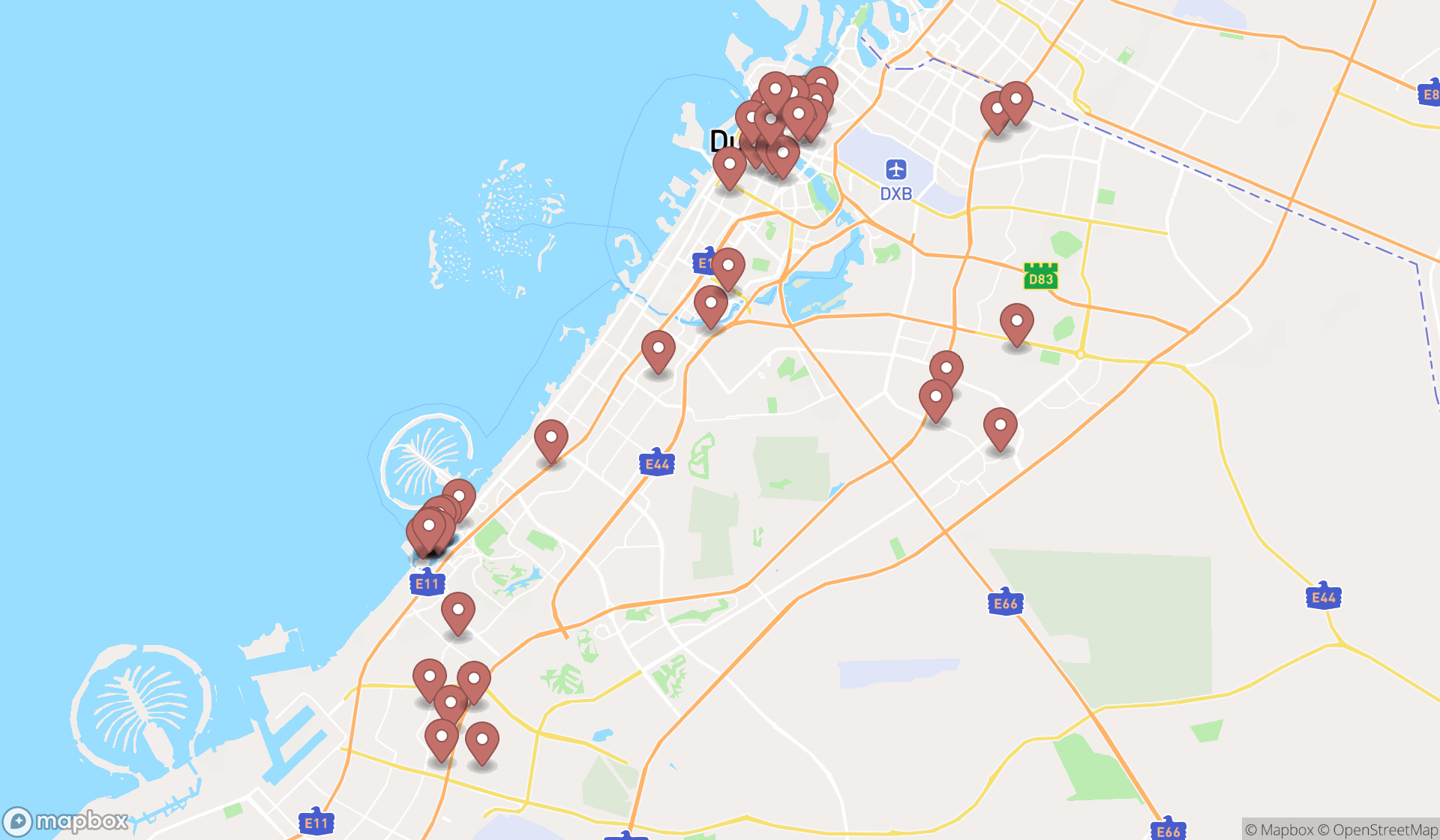 Map showing the search results in Dubai