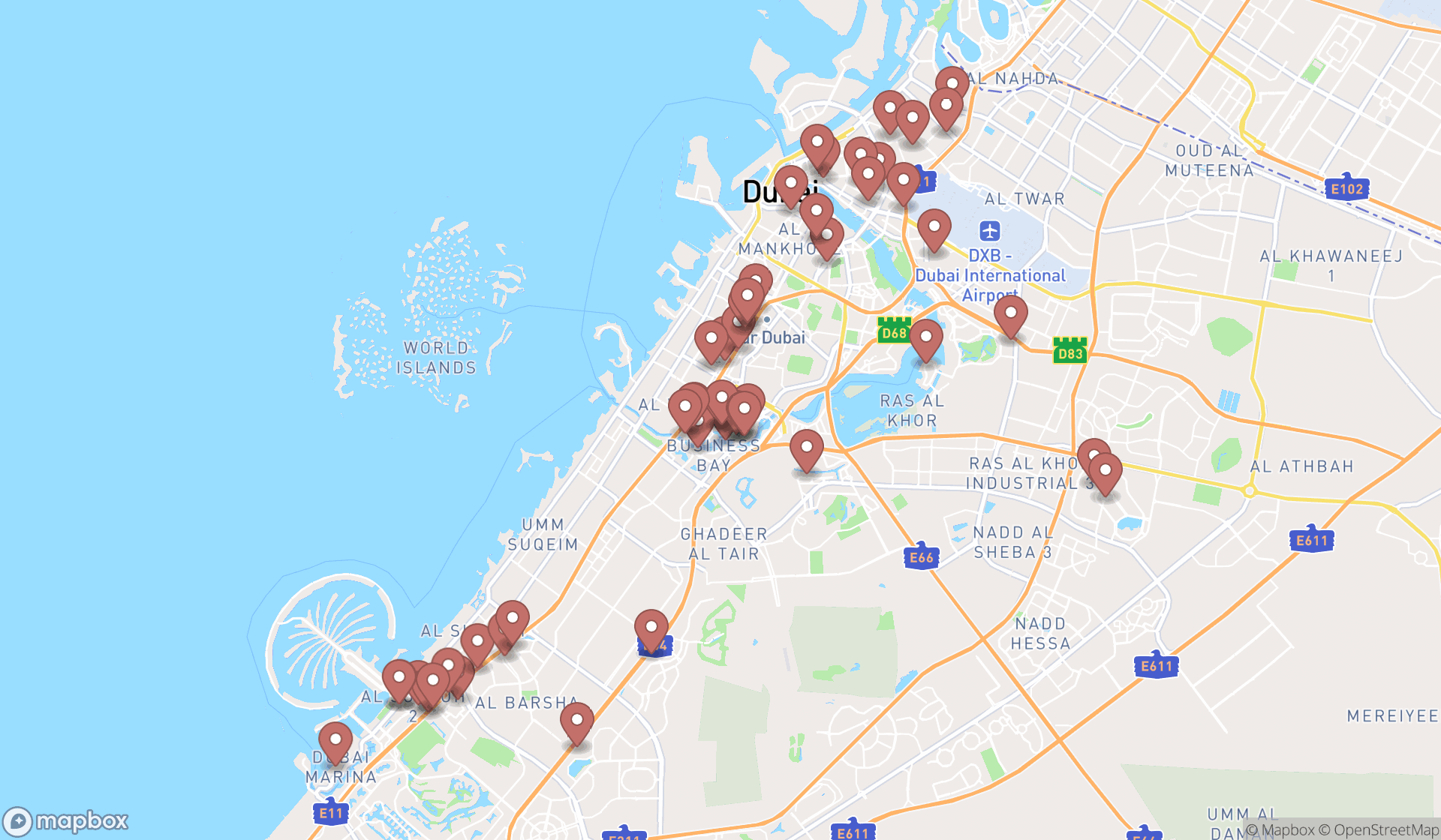 Map showing the search results in Dubai