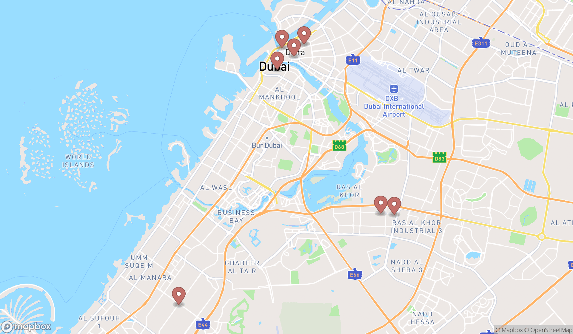 Map showing the search results in Dubai